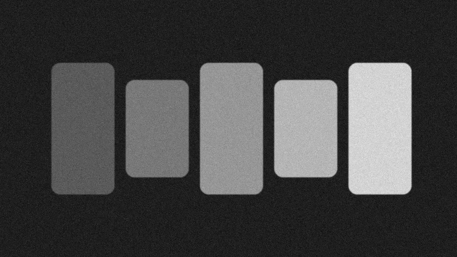 Illustration: five grey panels of different heights side by side, like answer cards in a chat window.