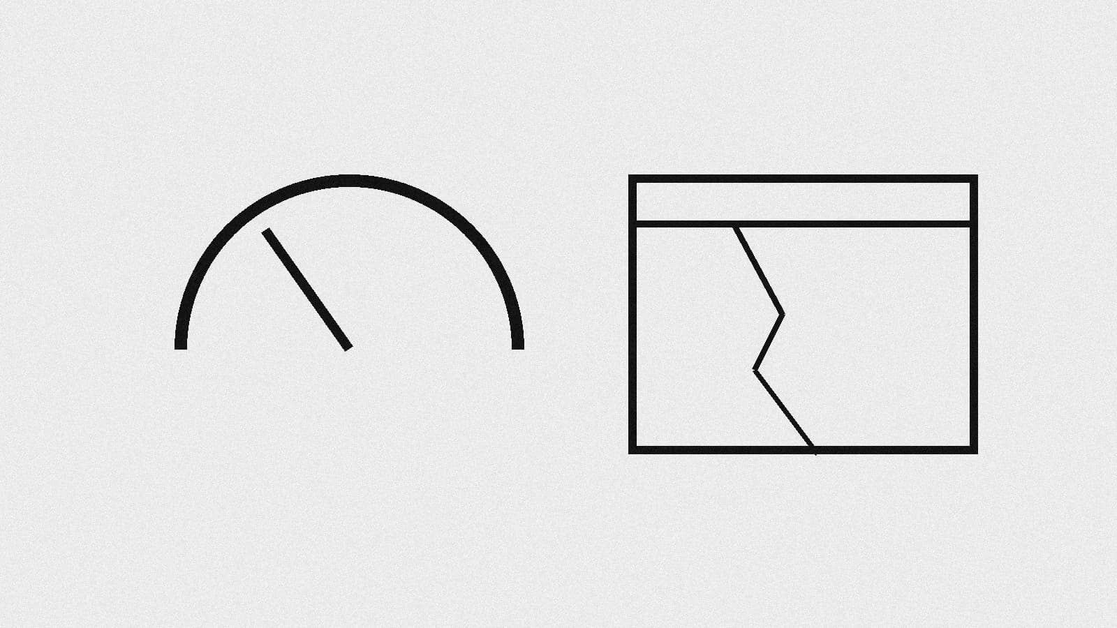 Illustration: a half-empty gauge beside a cracked browser window, black and white with grain