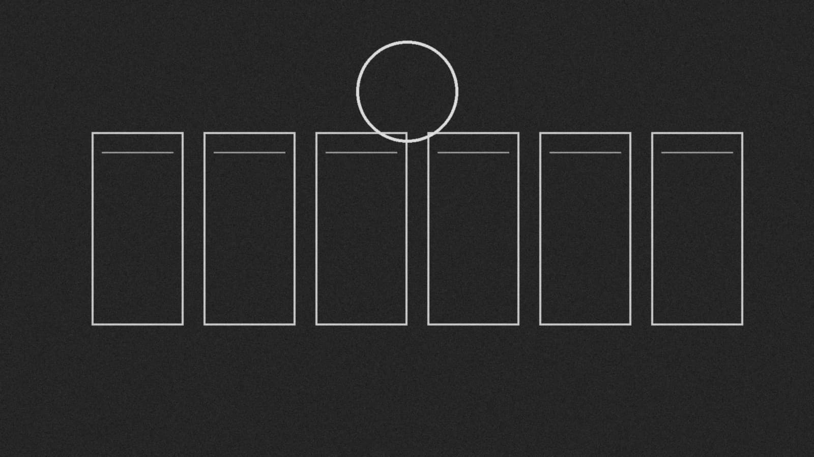 Illustration: six outlined browser windows in a row under a circle, black and white with grain