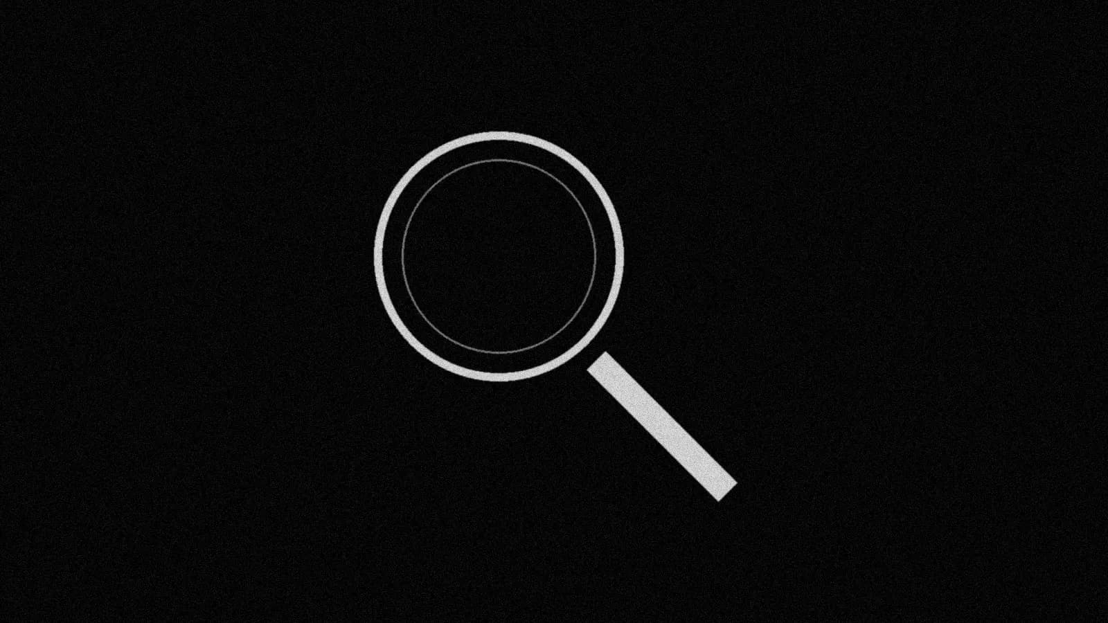 Illustration: a magnifying glass with a long handle, outlined in light grey on black.