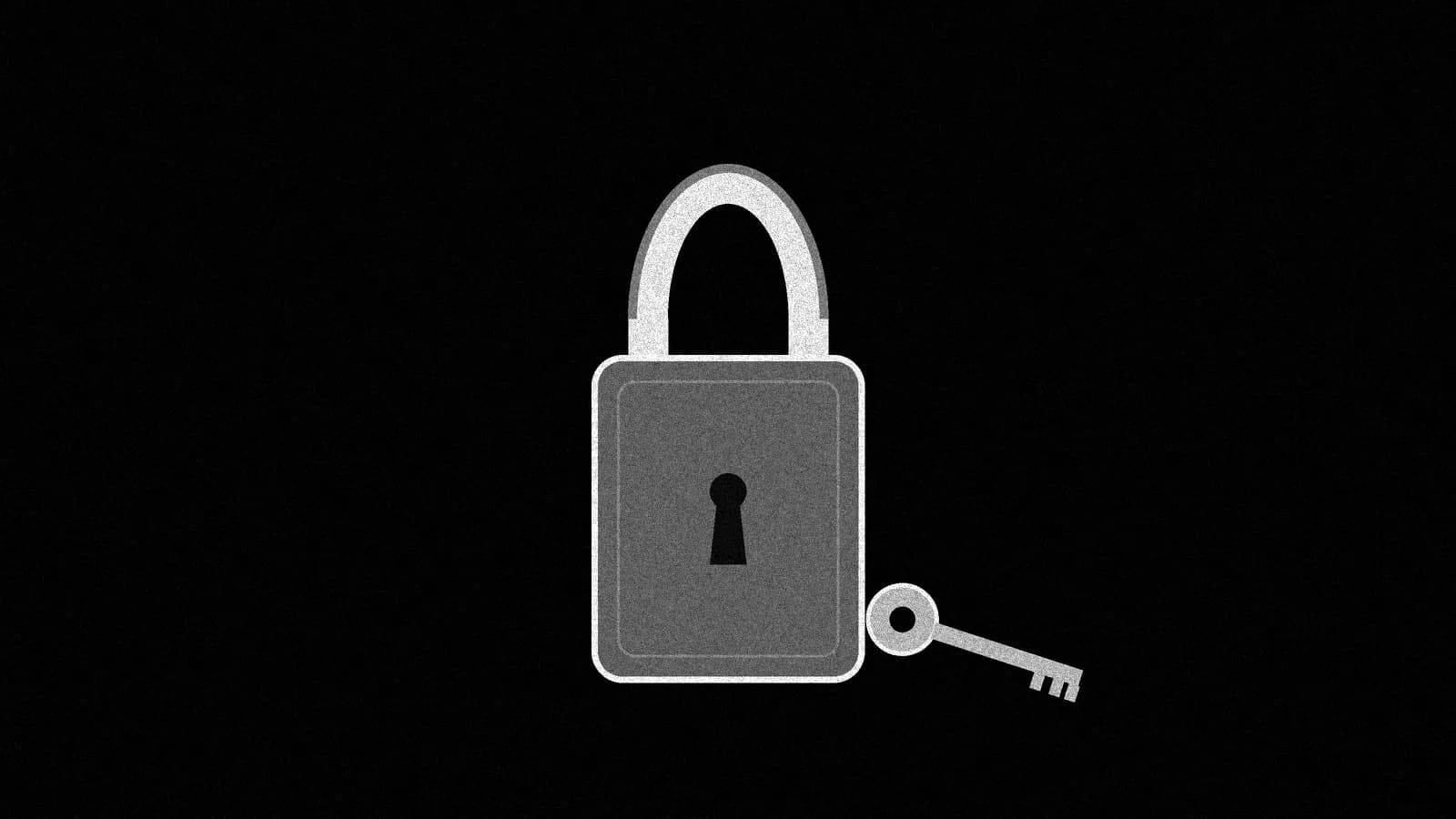 Illustration: a closed padlock seen straight-on, with a loose key lying just beside it, in black and white.