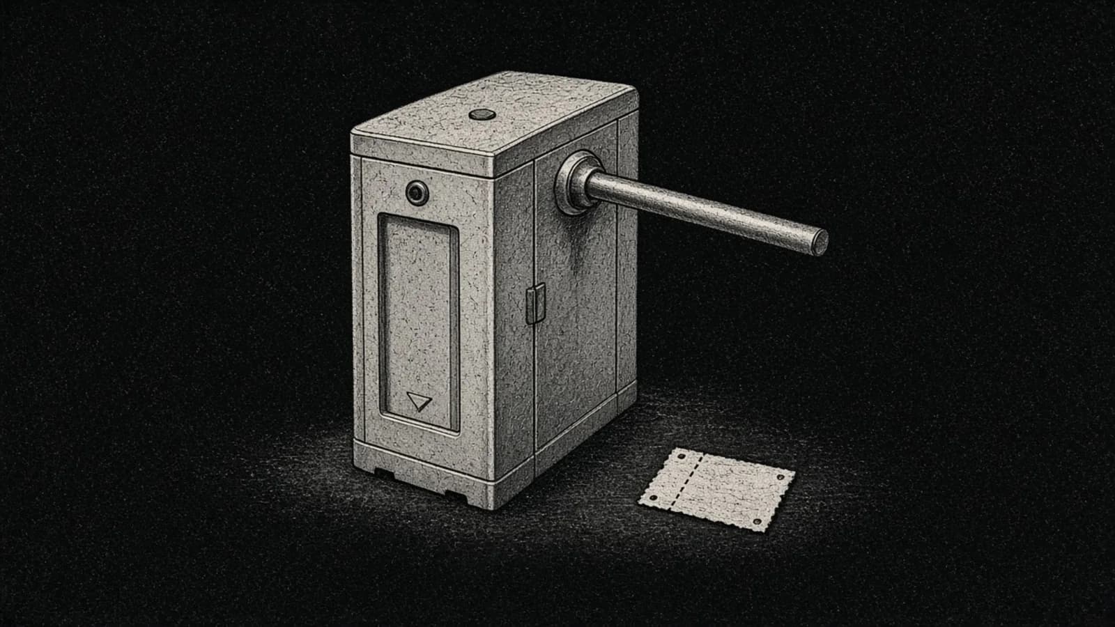 Illustration: a turnstile with its arm locked across the opening and one paper ticket on the floor beside it, in black and white.