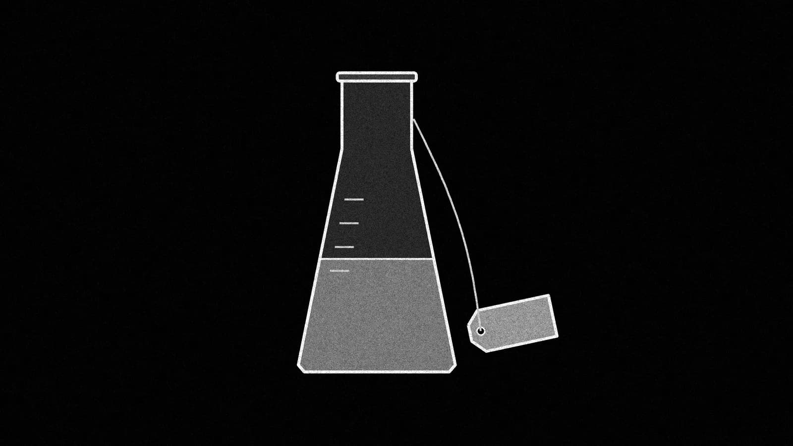 Illustration: a narrow-neck lab flask half full of liquid with a blank price tag tied to its neck, in black and white.