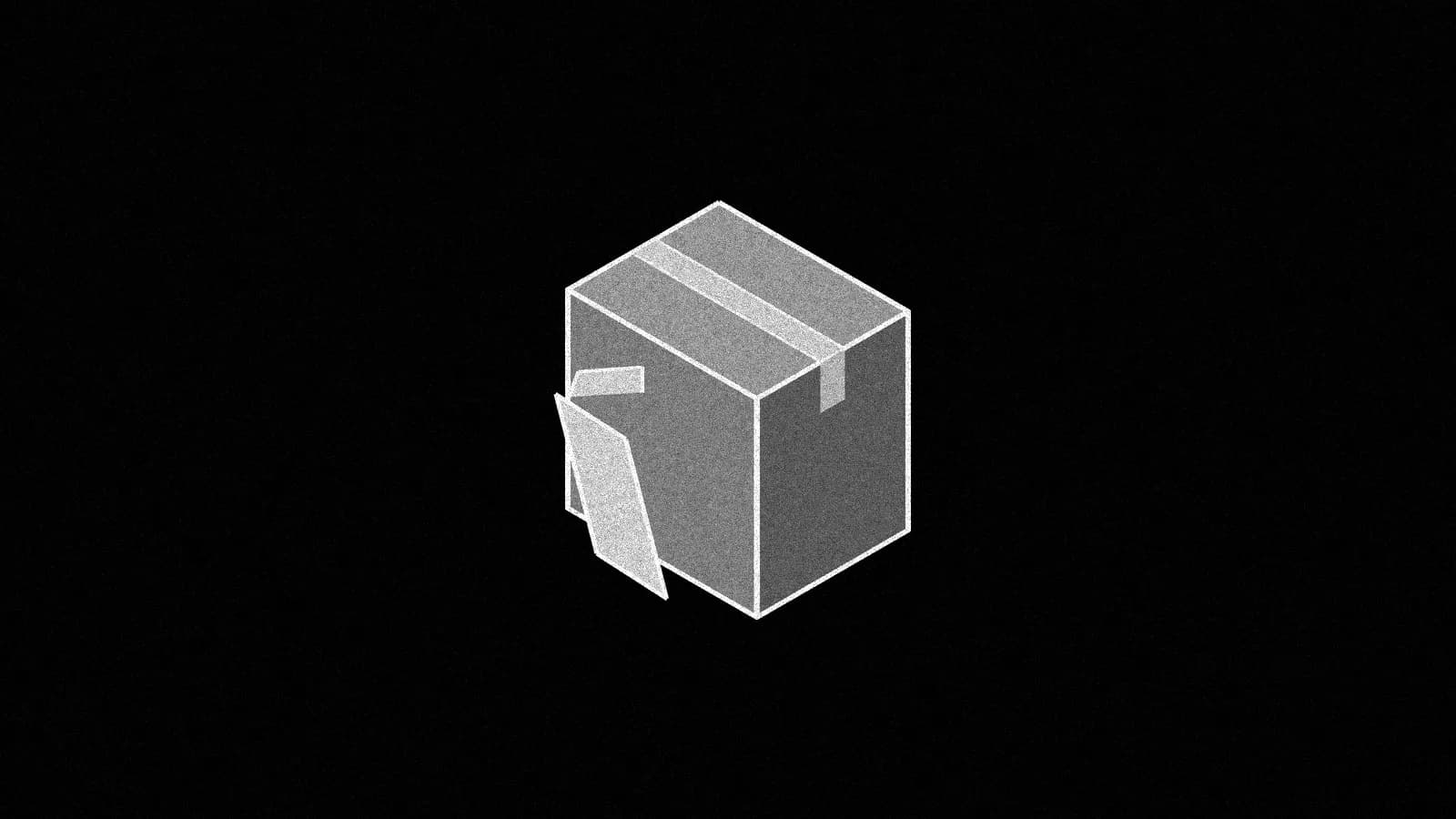 Illustration: a taped cardboard moving box seen at a three-quarter angle, with one paper folder leaning against its side, in black and white.