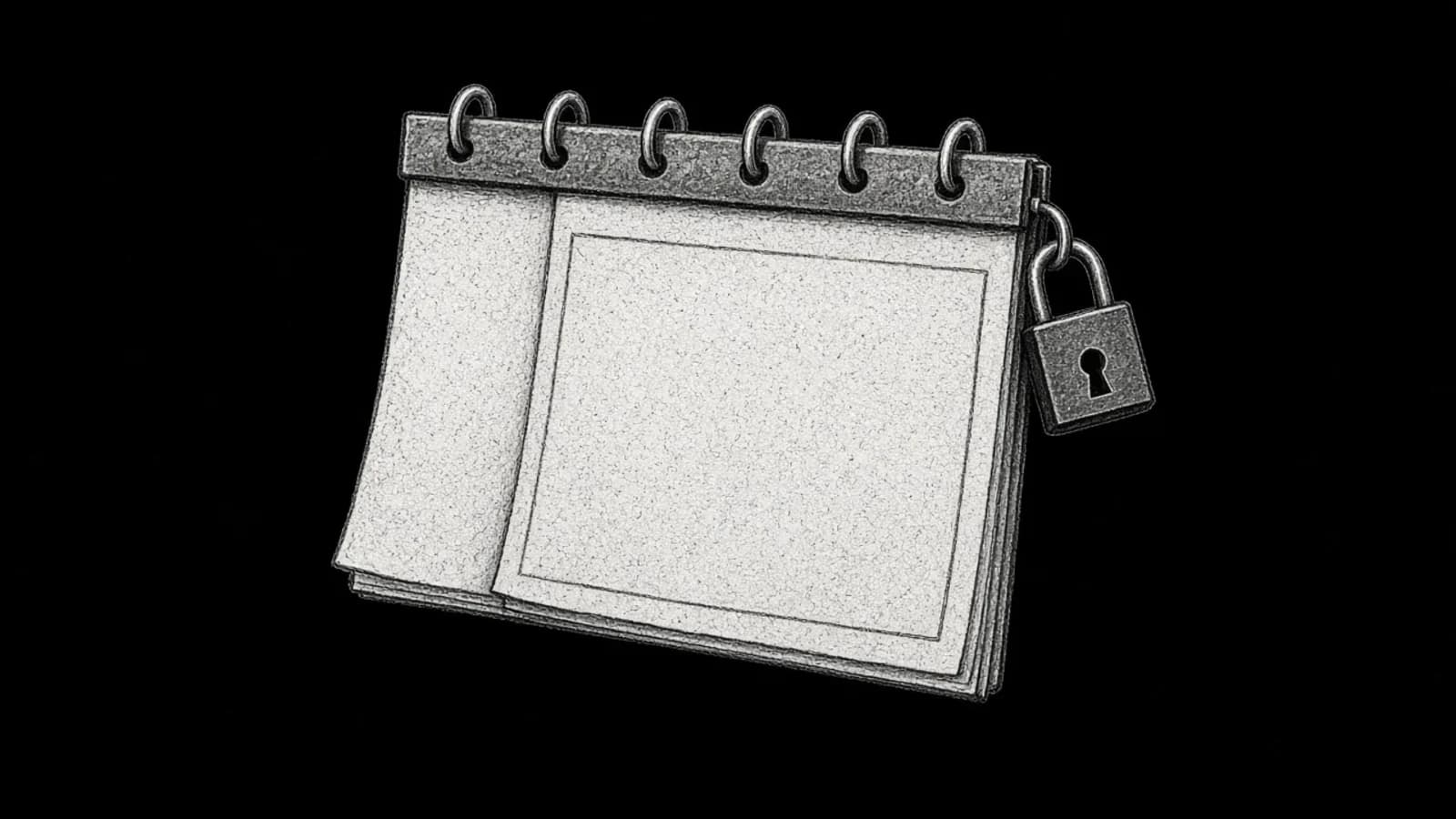 Illustration: a wall calendar with a blank page and a small padlock hanging from its ring, in black and white.