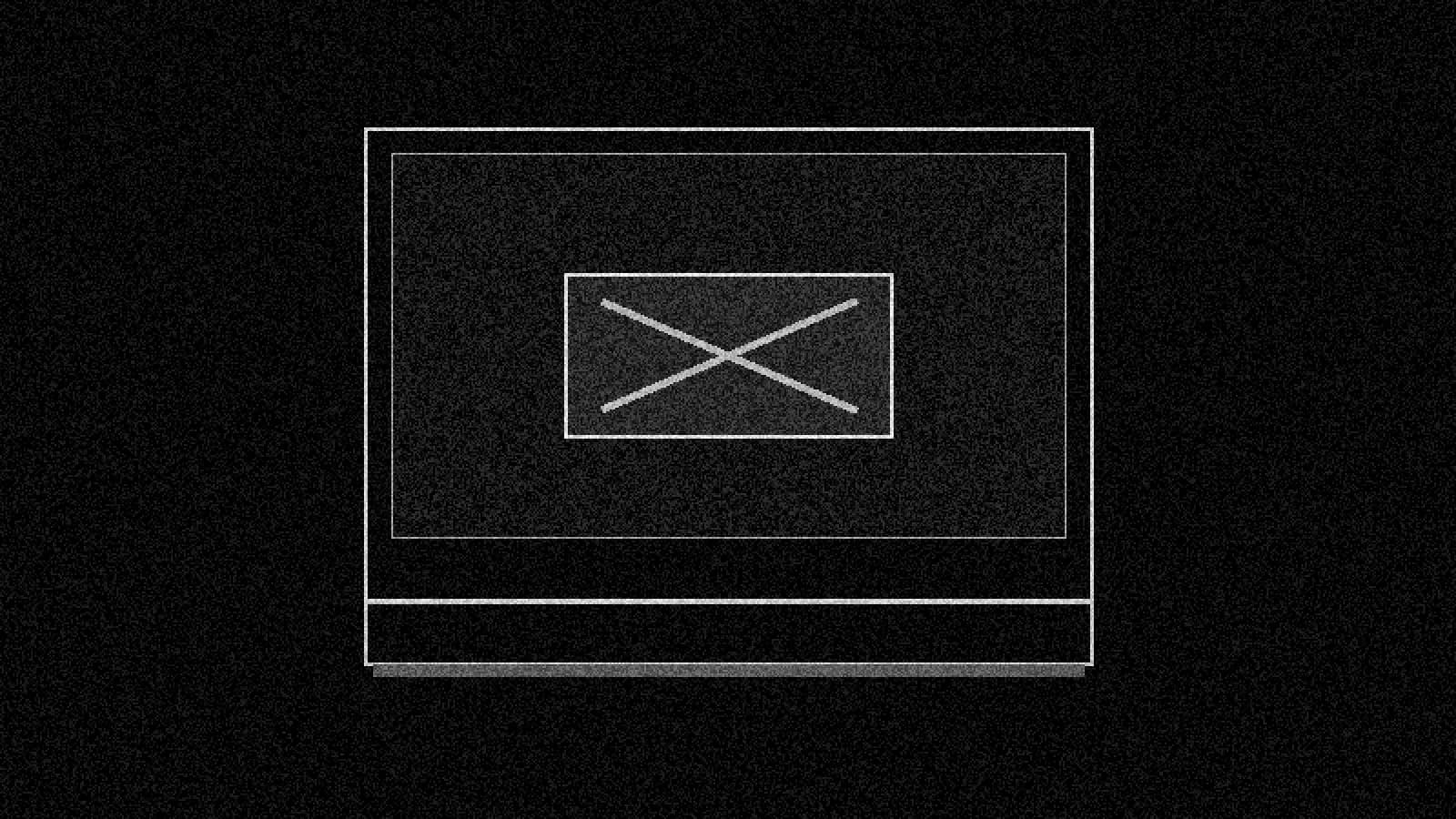Illustration: an open laptop with a dark screen blocked by a crossed card, in black and white.