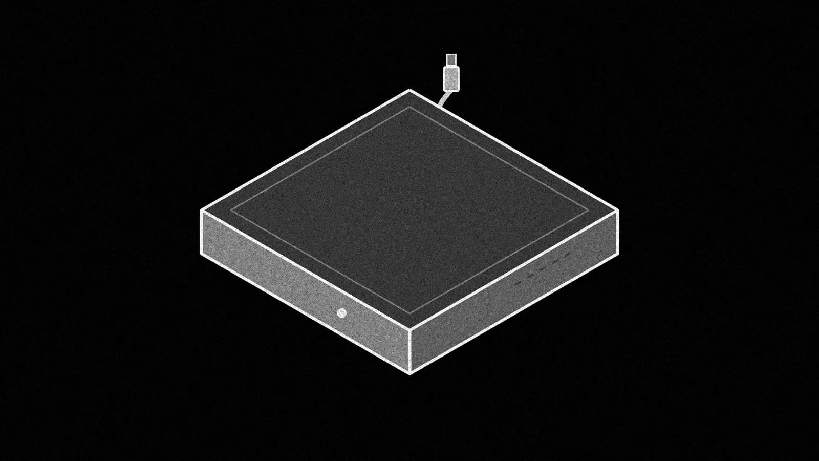Illustration: an unbranded square TV streaming box seen from above at an angle, with one short cable, on black.