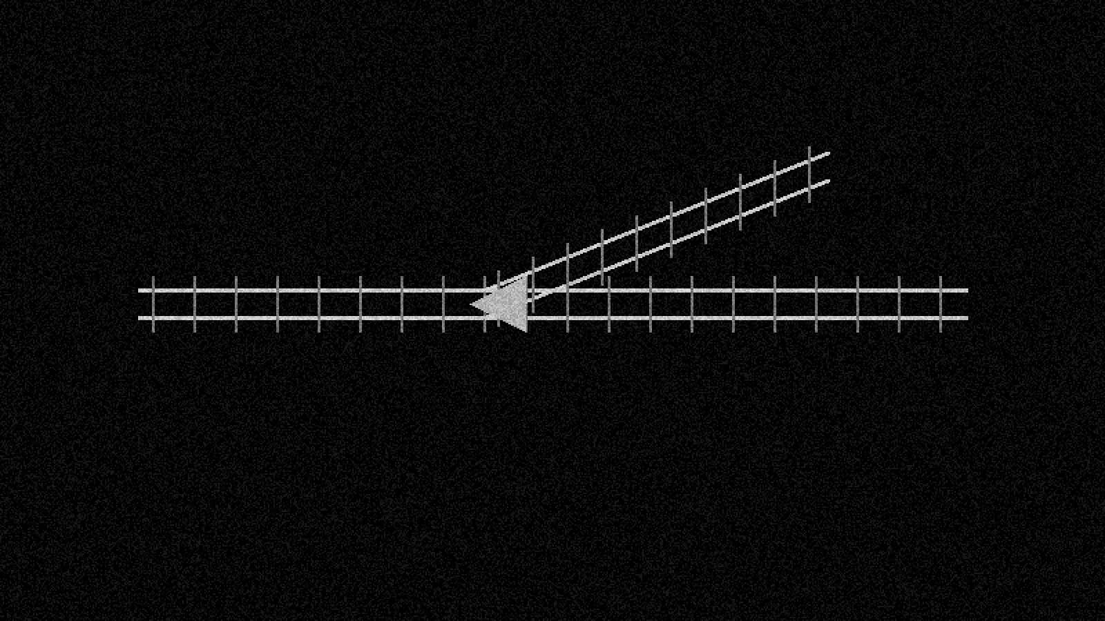 Illustration: a railway switch with one track peeling away from the main line, in black and white.