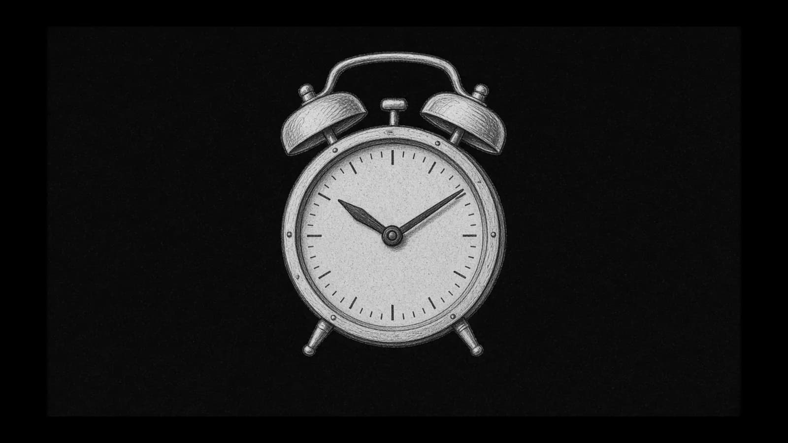 Illustration: a twin-bell mechanical alarm clock with a blank dial, seen straight-on in black and white.