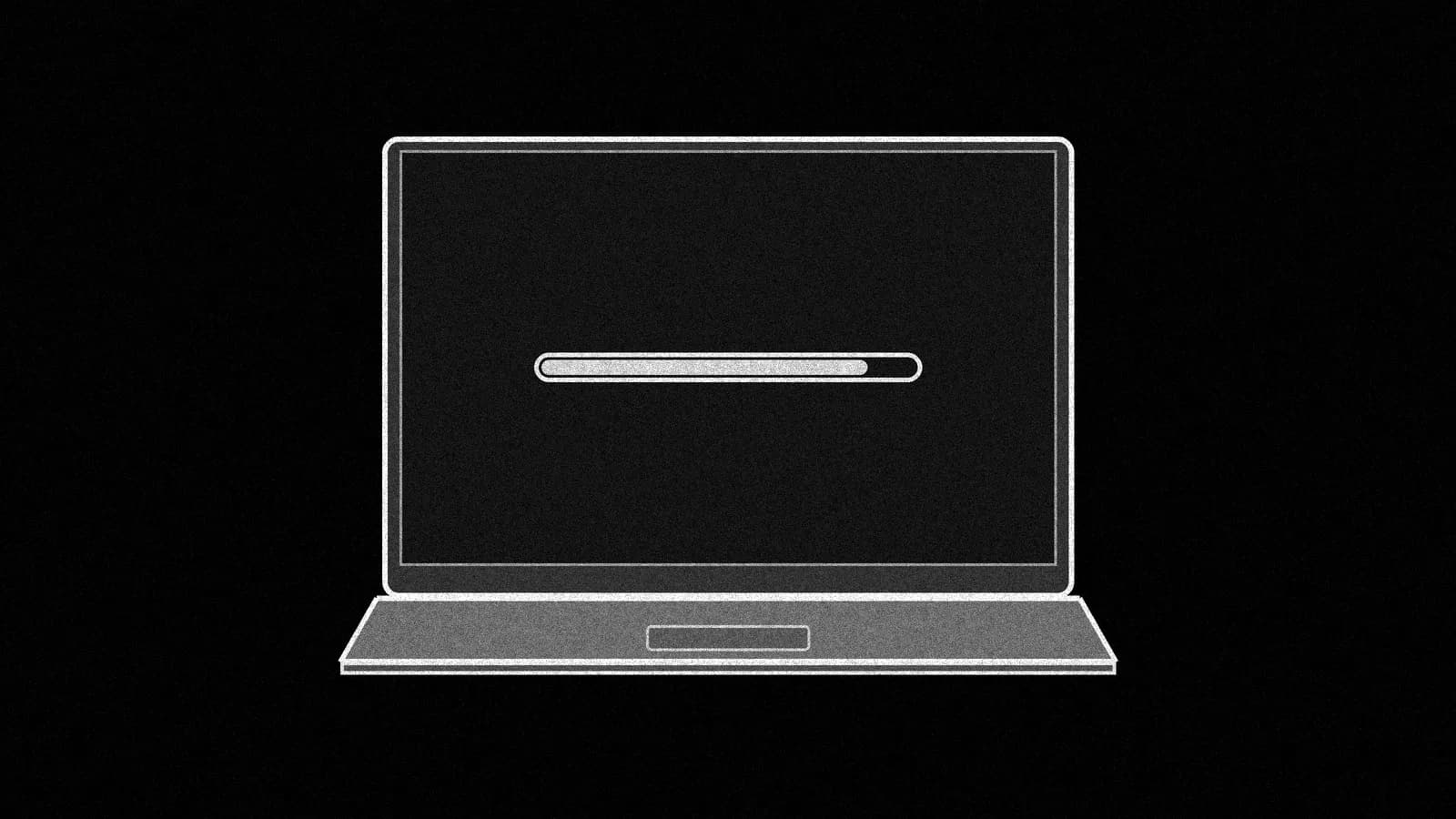 Illustration: an open laptop seen from the front with a progress bar stuck just short of full on its screen, in black and white.