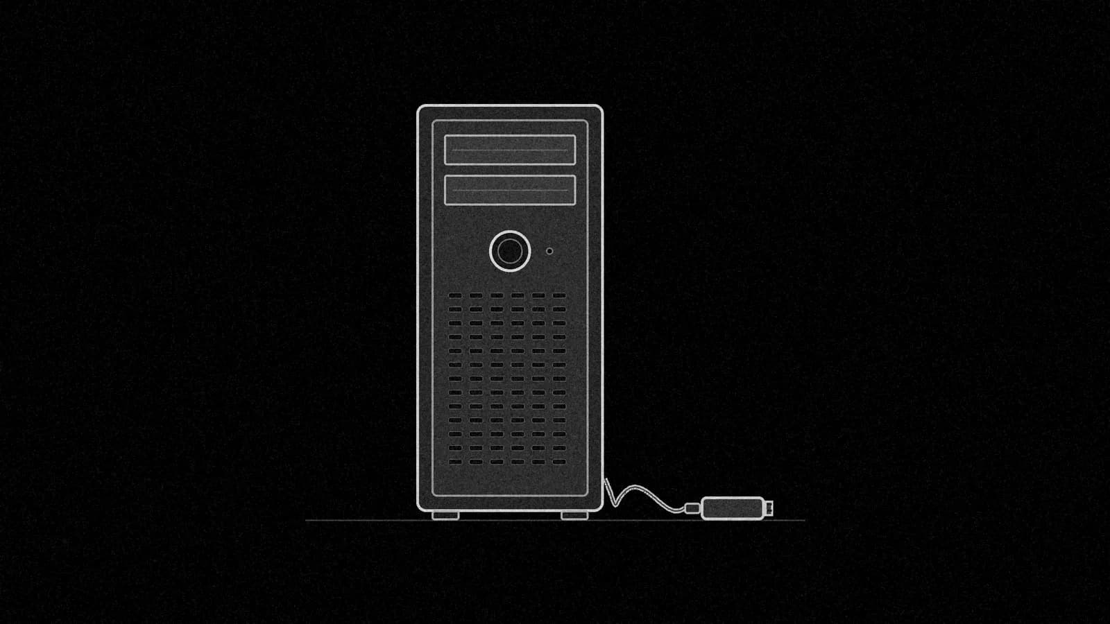 Illustration: a plain desktop tower computer seen straight-on with its power button dark and an unplugged power cord lying on the floor beside it, in black and white.