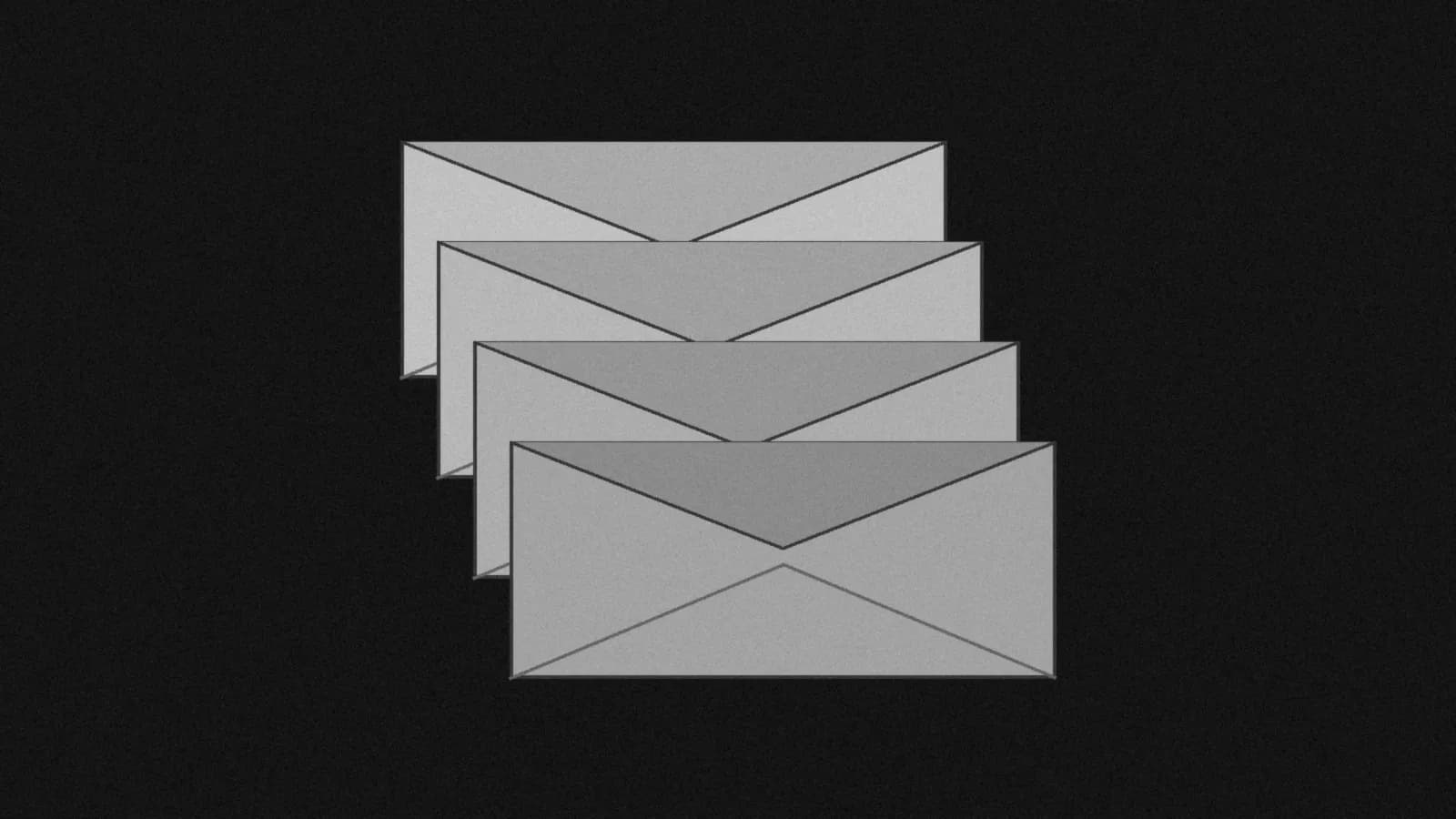 Illustration: four business envelopes stacked in a neat staggered column, flaps up, in black and white.