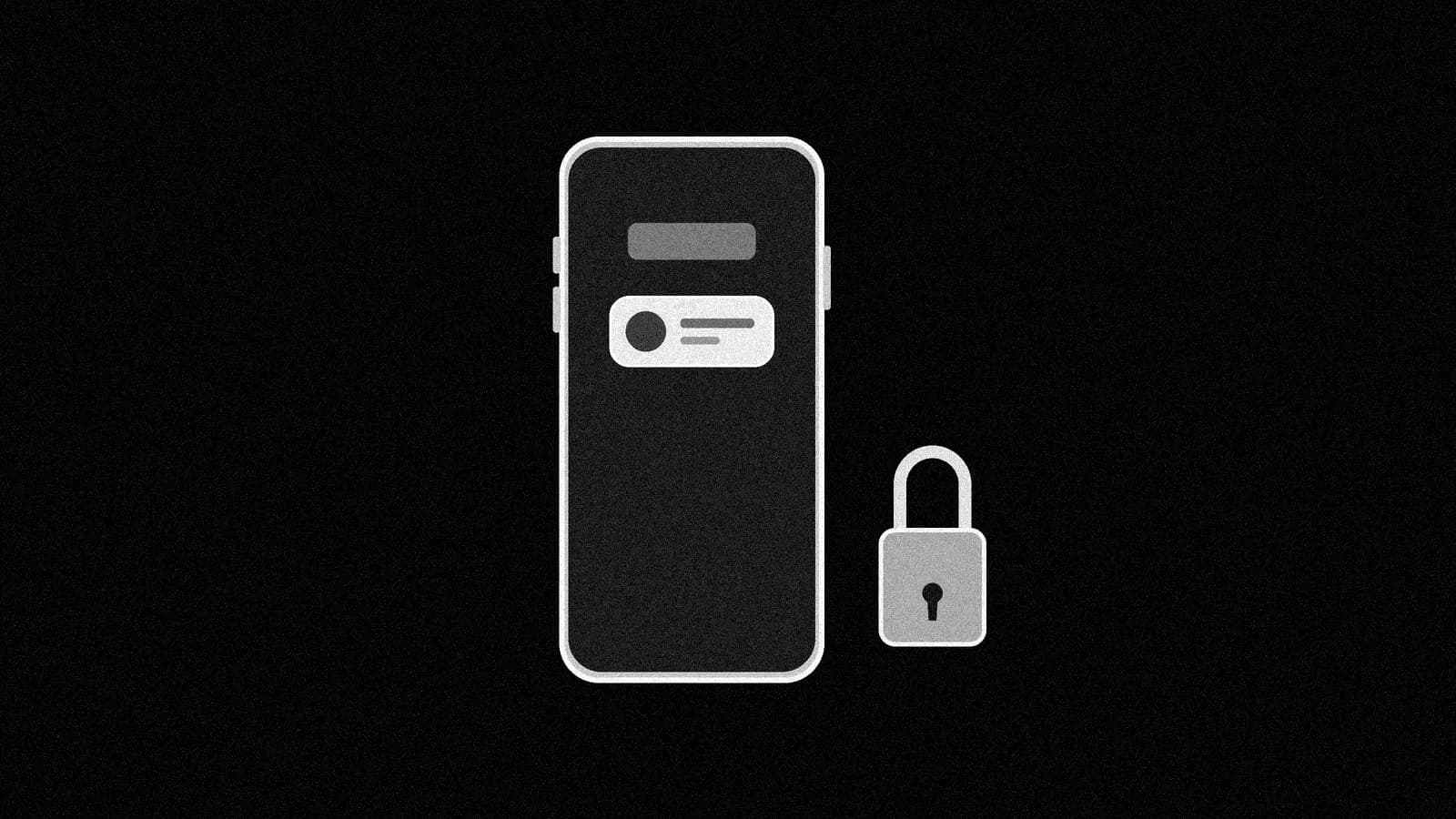 Illustration: a plain smartphone seen straight-on with one blank tile on its dark screen and a small closed padlock beside it, black and white with grain