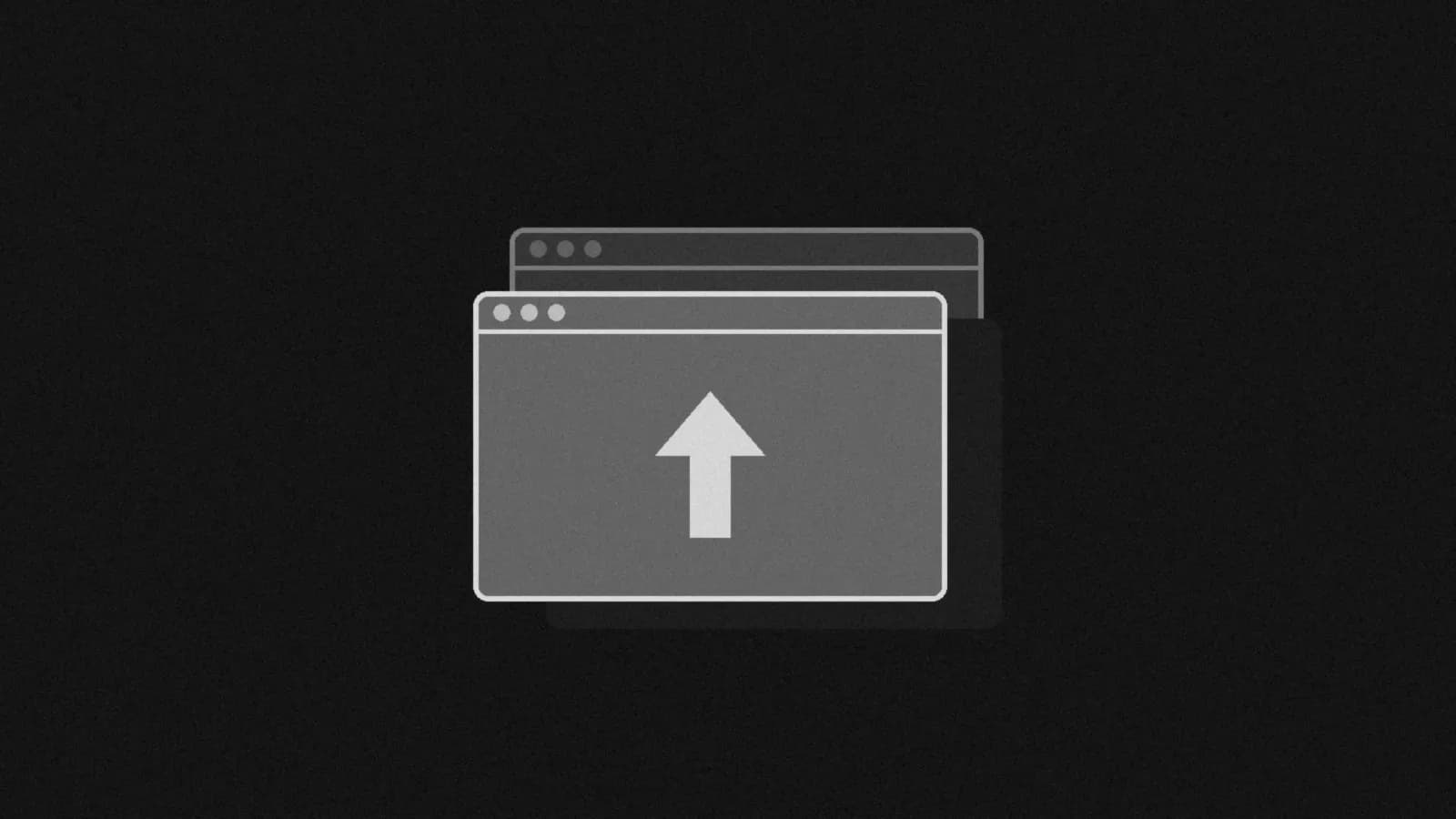 Illustration: two plain app windows, the front one with an upward arrow, in black and white.