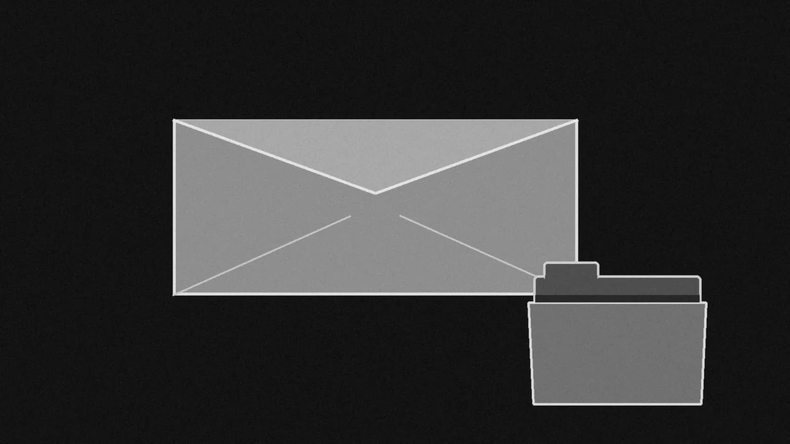 Illustration: a business mail envelope seen from the back next to an empty file folder, in black and white.