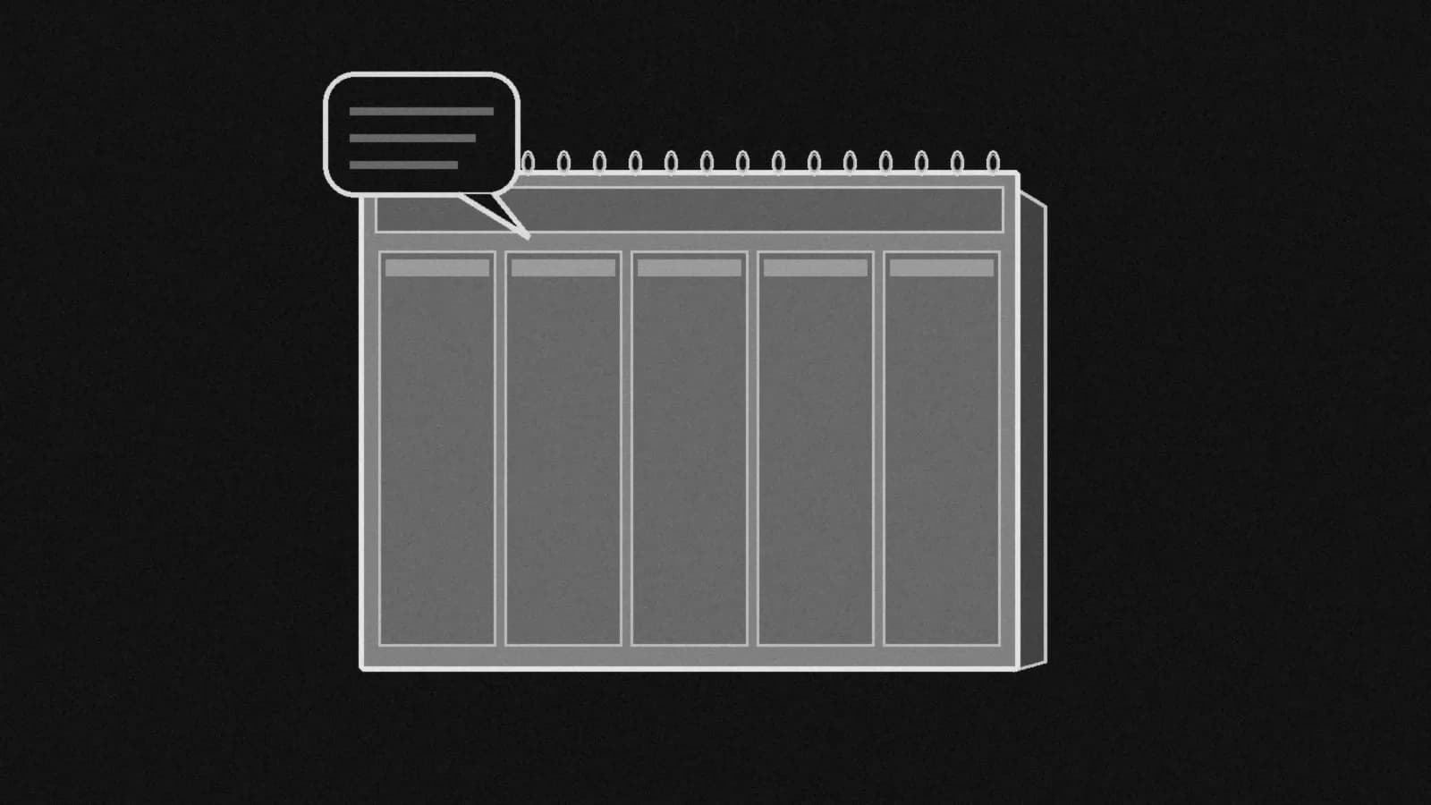 Illustration: a desk tent calendar with a blank speech bubble beside it, in black and white.