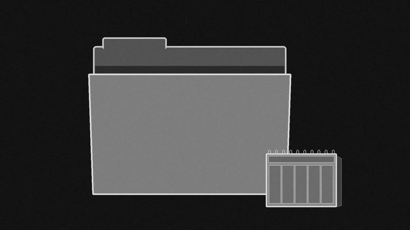 Illustration: an empty file folder beside a small desk tent calendar, in black and white.