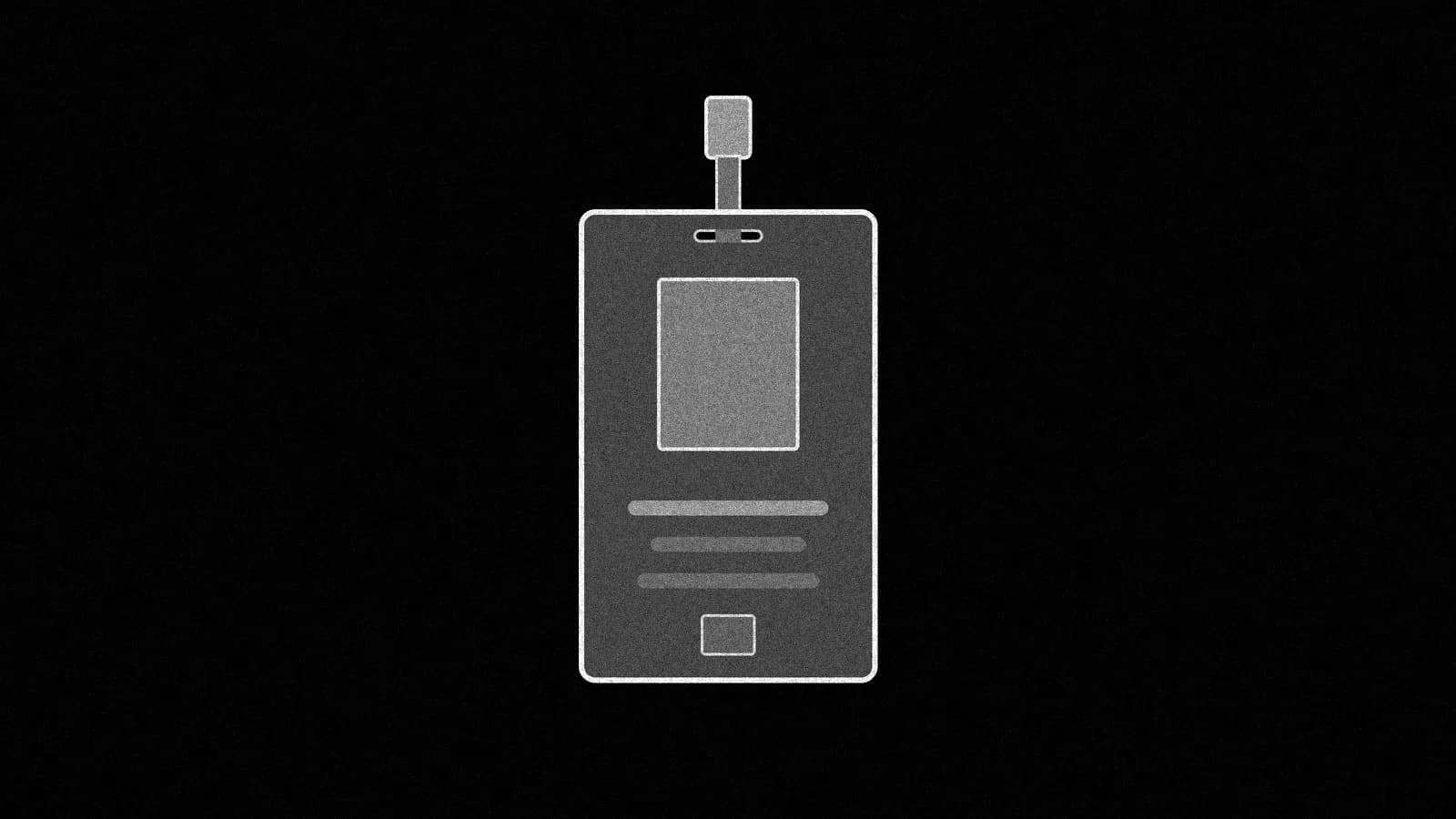 Illustration: a blank vertical ID badge with an empty photo area, hanging from a short strap clip, on black.