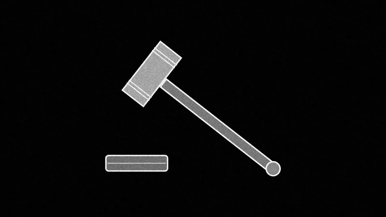 Illustration: a grey wooden gavel raised at an angle above its round sound block, drawn flat on black.