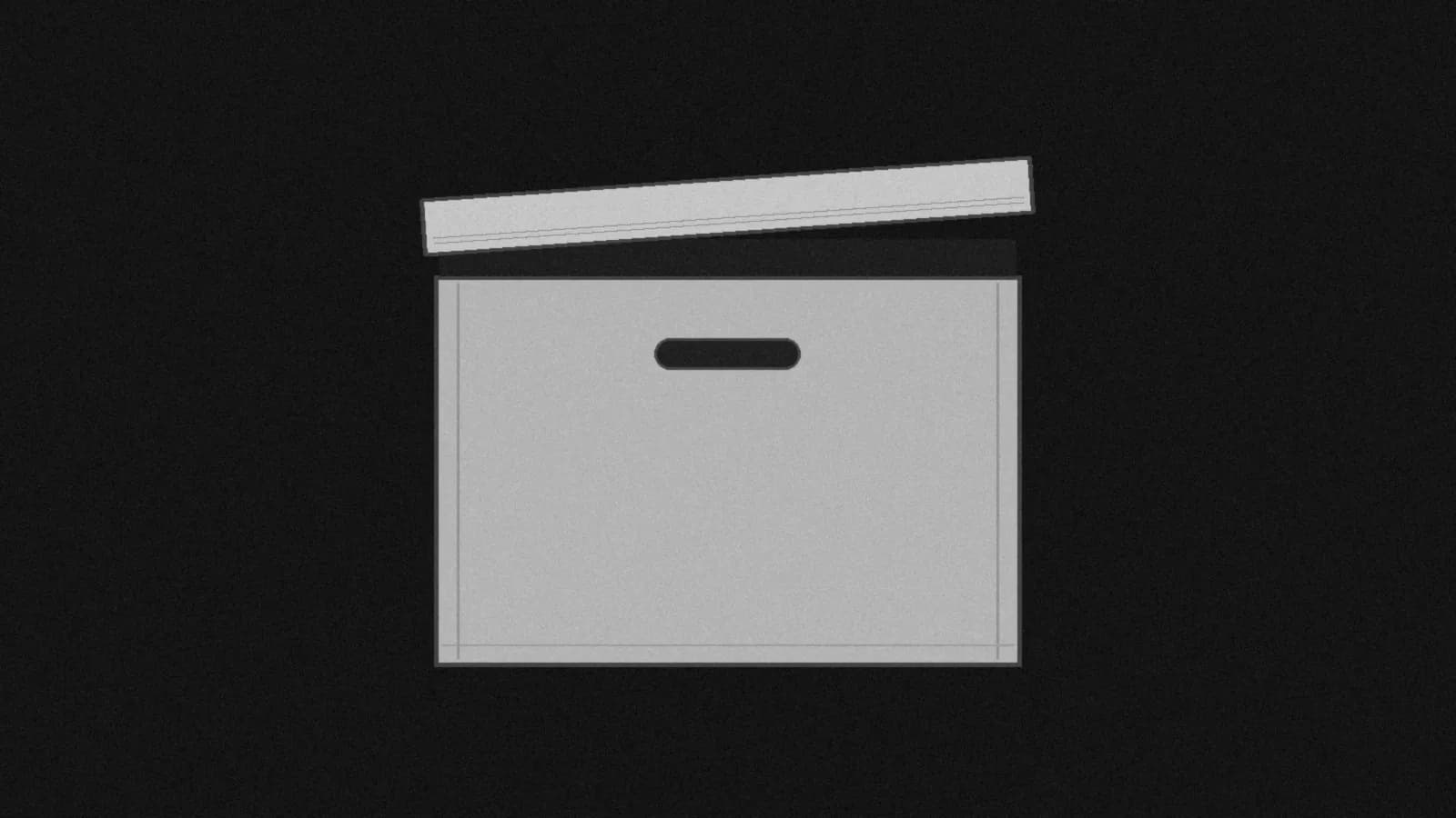 Illustration: a cardboard archive box seen straight-on with its lid lifted off and tilted just above it, in black and white.