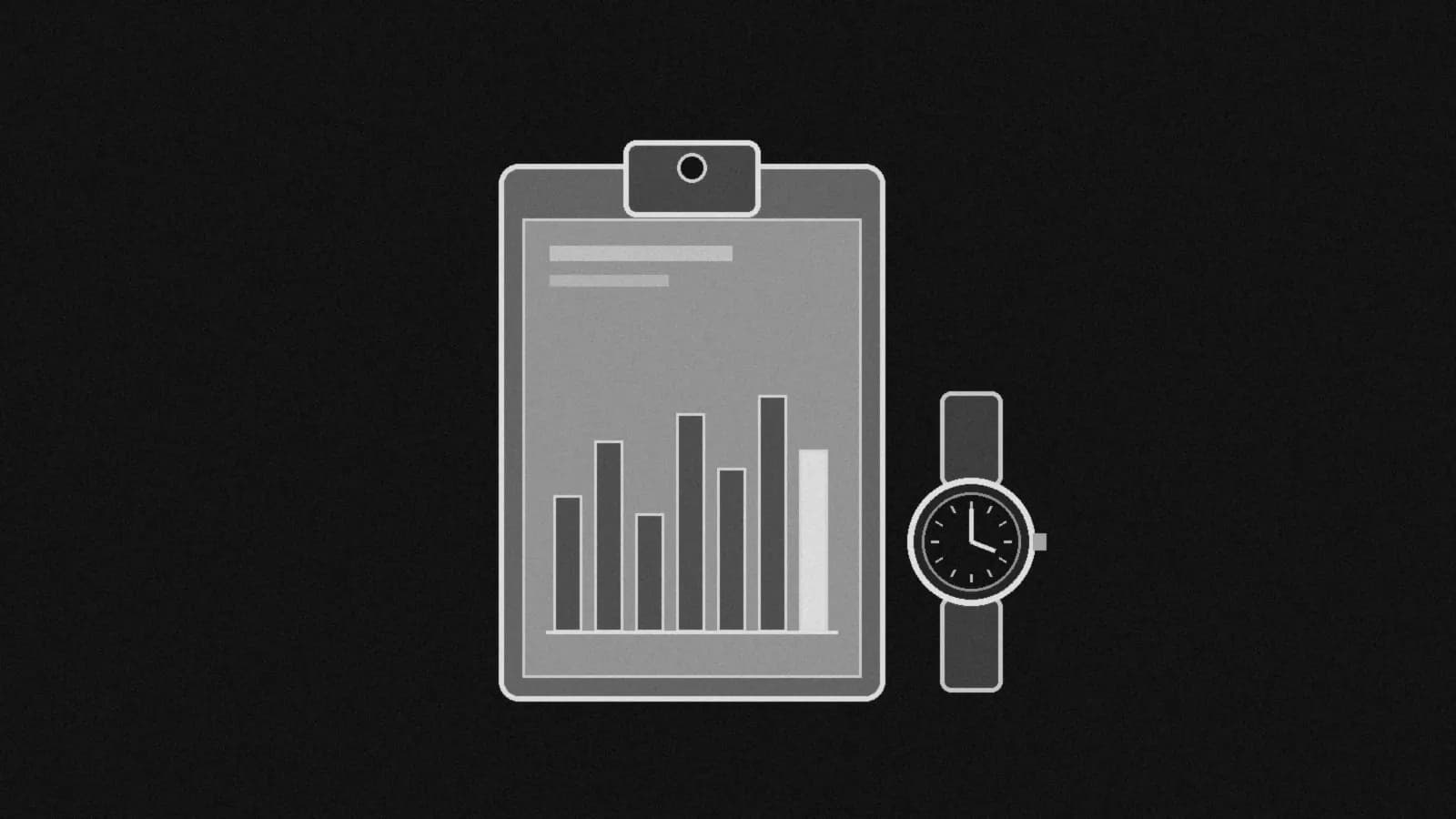 Illustration: a clipboard holding a blank bar chart of seven weeks beside an analog wristwatch, in black and white.