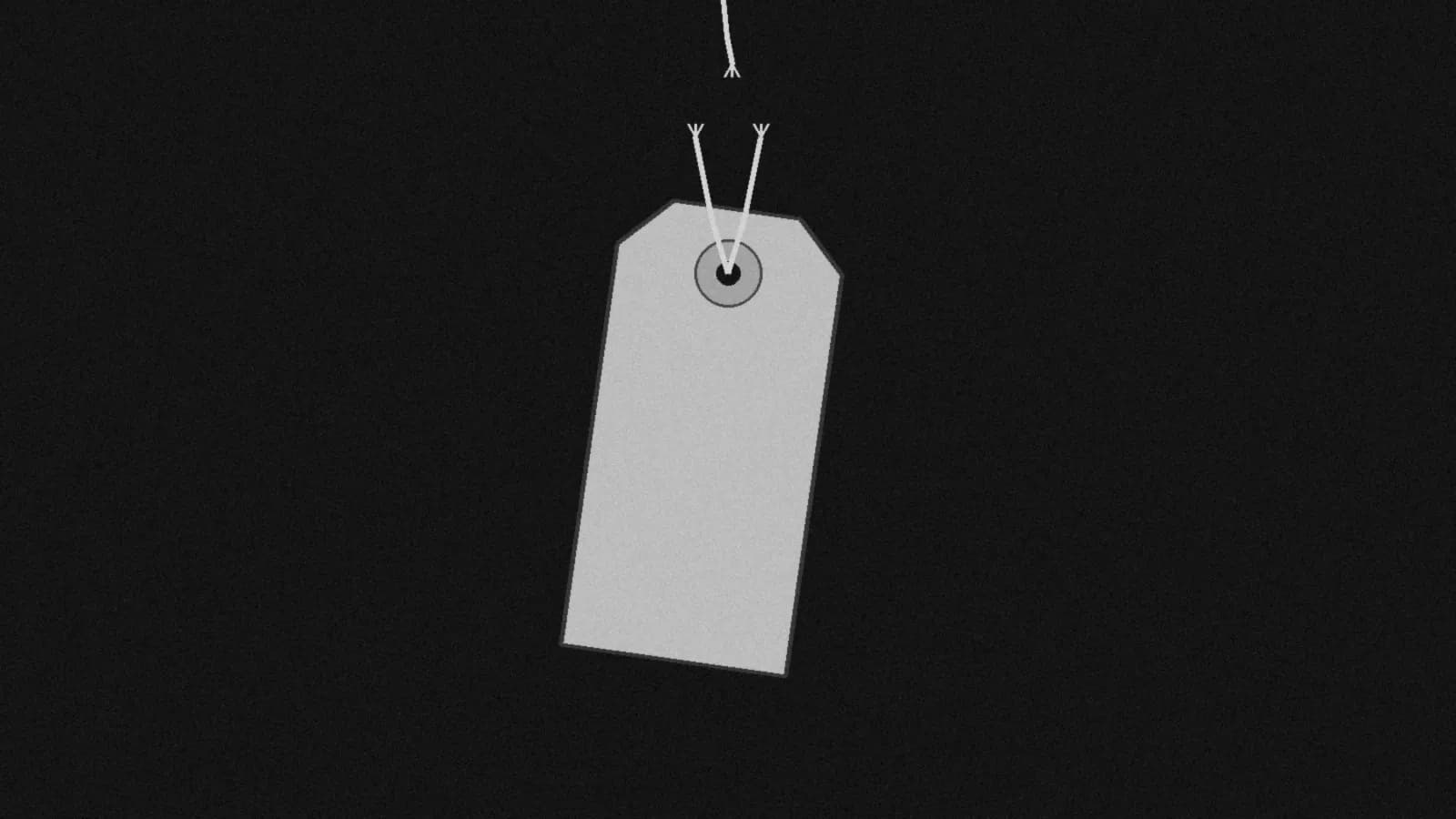 Illustration: a plain shipping tag hanging at a slight angle, its string cut short above the eyelet with the loose end left dangling out of reach, in black and white.