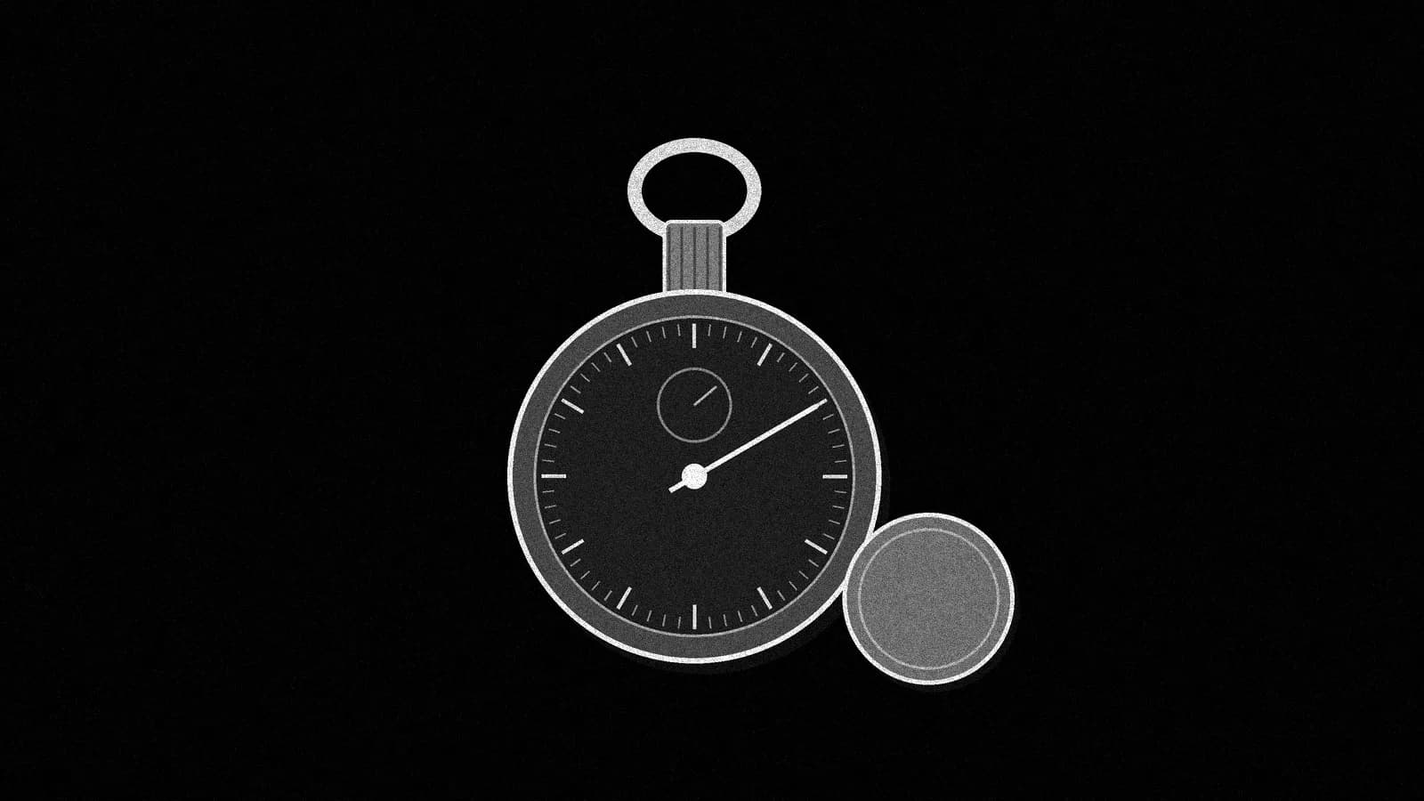 Illustration: a mechanical stopwatch seen straight-on with a blank dial and one hand, and a plain coin lying just beside it, in black and white.