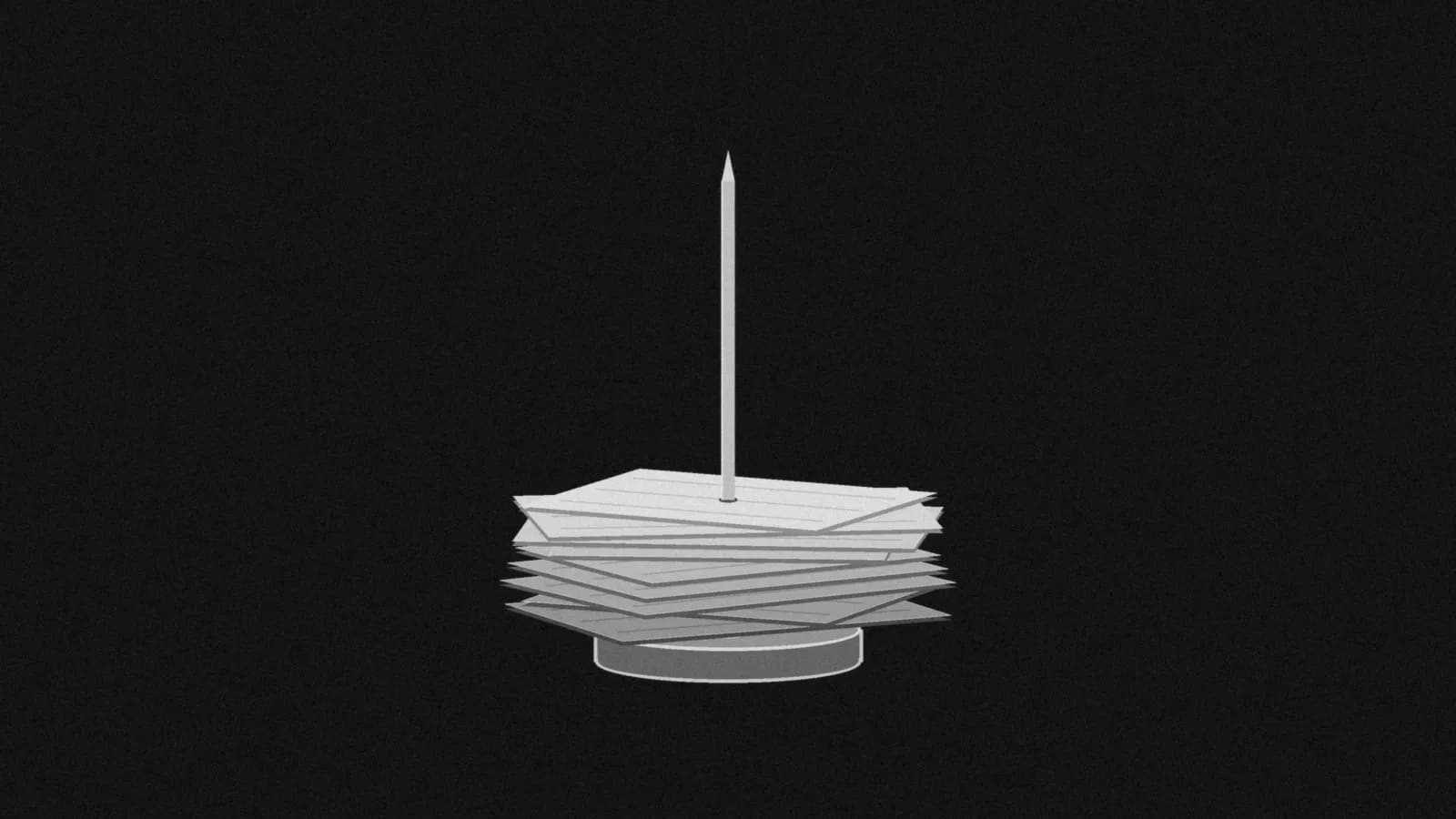 Illustration: a desk receipt spike holding a loose stack of blank paper slips, in black and white.