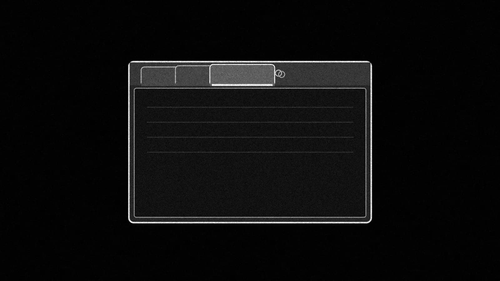 Illustration: a browser window frame with three blank overlapping tabs on black, one active, plus a tiny tab-group mark.