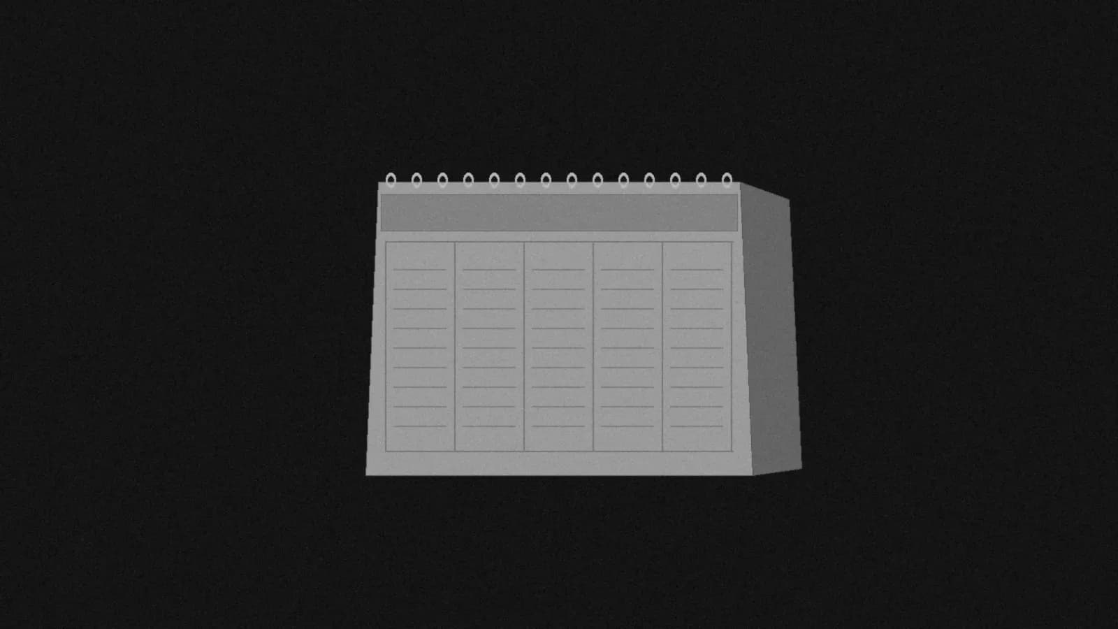 Illustration: a grey wire-o desk tent calendar with blank week columns, three-quarter view on black.