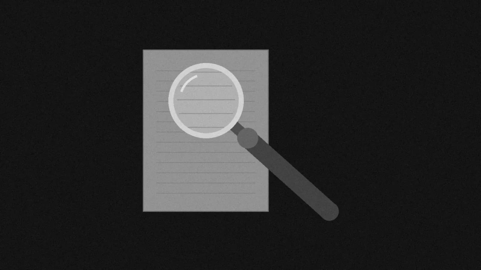 Illustration: a round hand magnifying glass, straight-on on black, resting over a single sheet of paper.