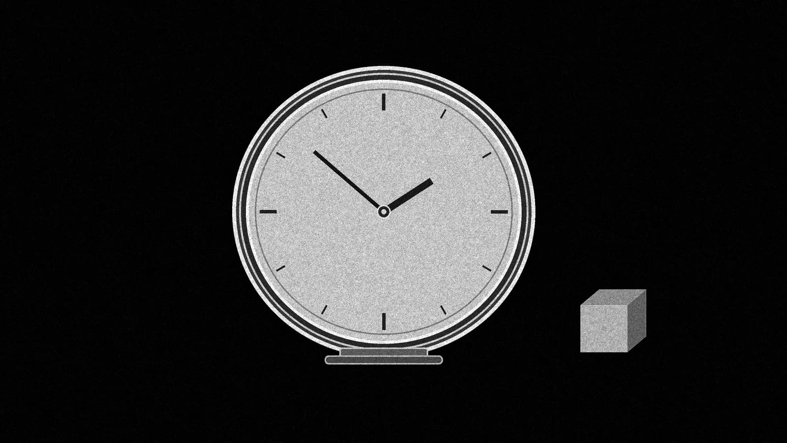 Illustration: a round analog desk clock with blank tick marks and hands near 1:52, beside one blank six-sided die, on black.