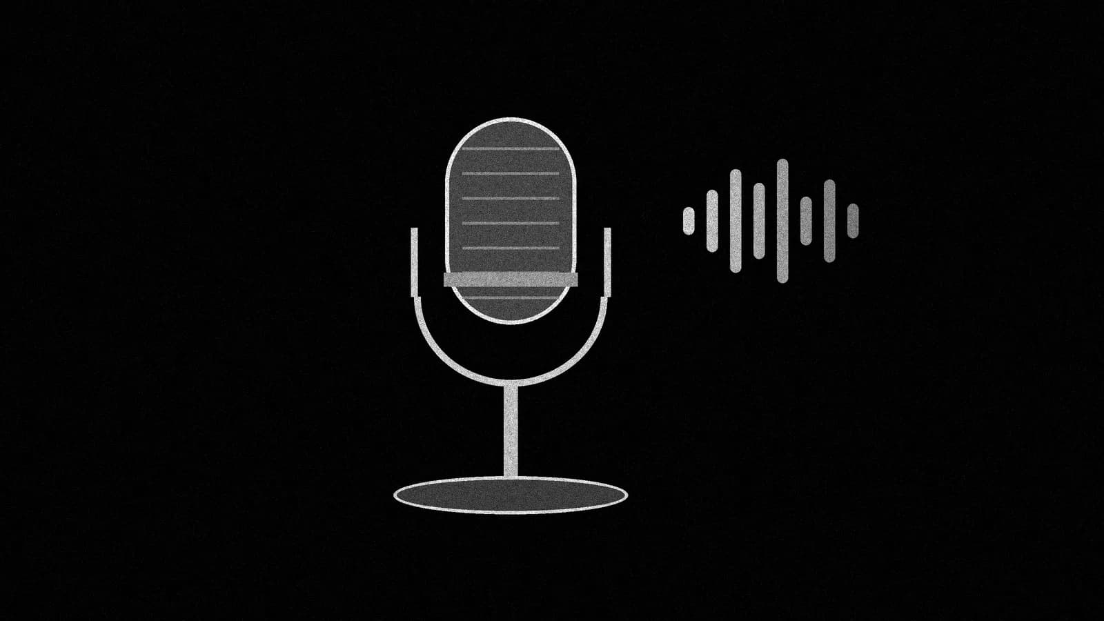 Illustration: a classic desk microphone on black with a short row of sound-wave bars beside it.