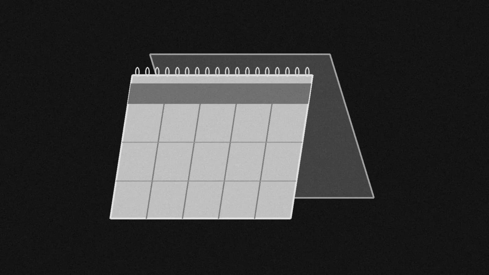 Illustration: a wire-bound desk tent calendar standing on its easel with a blank week page, in black and white.