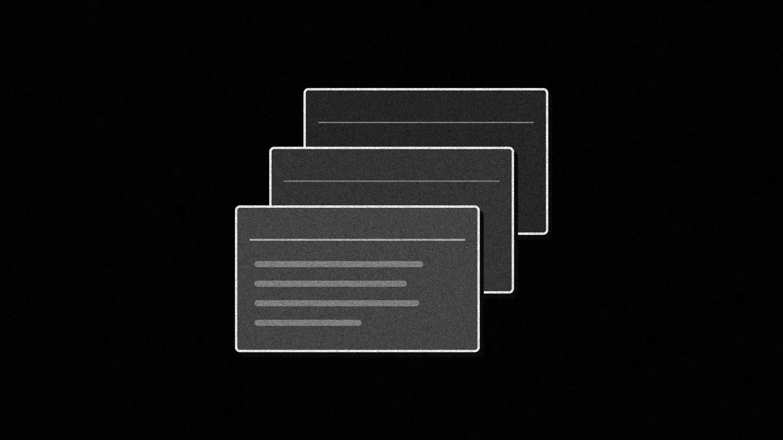 Illustration: three blank index cards fanned out in a stepped row, each with a few plain lines, in black and white.