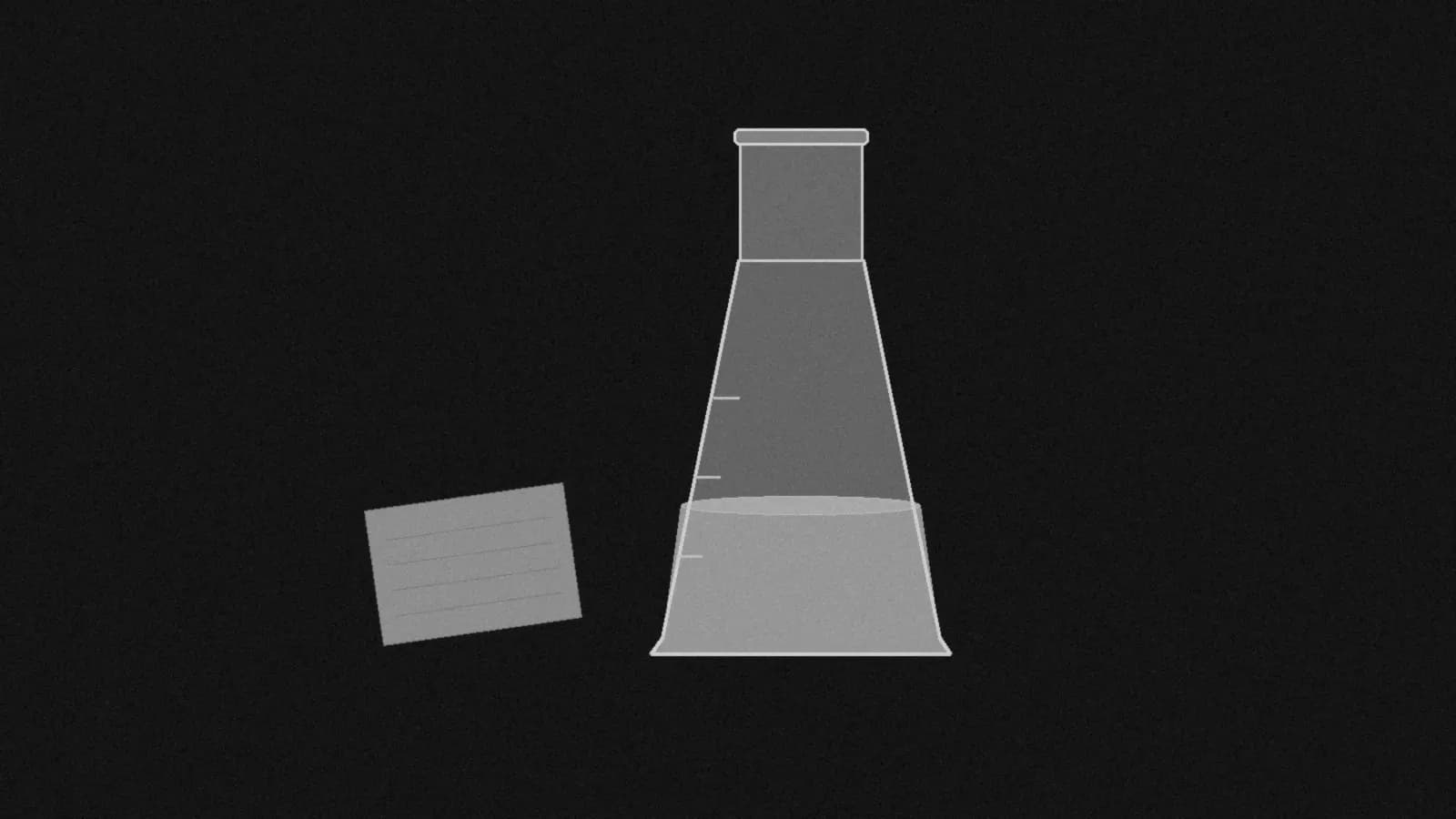 Illustration: a grey Erlenmeyer flask with a flat liquid line, straight-on on black, beside a small blank index card.