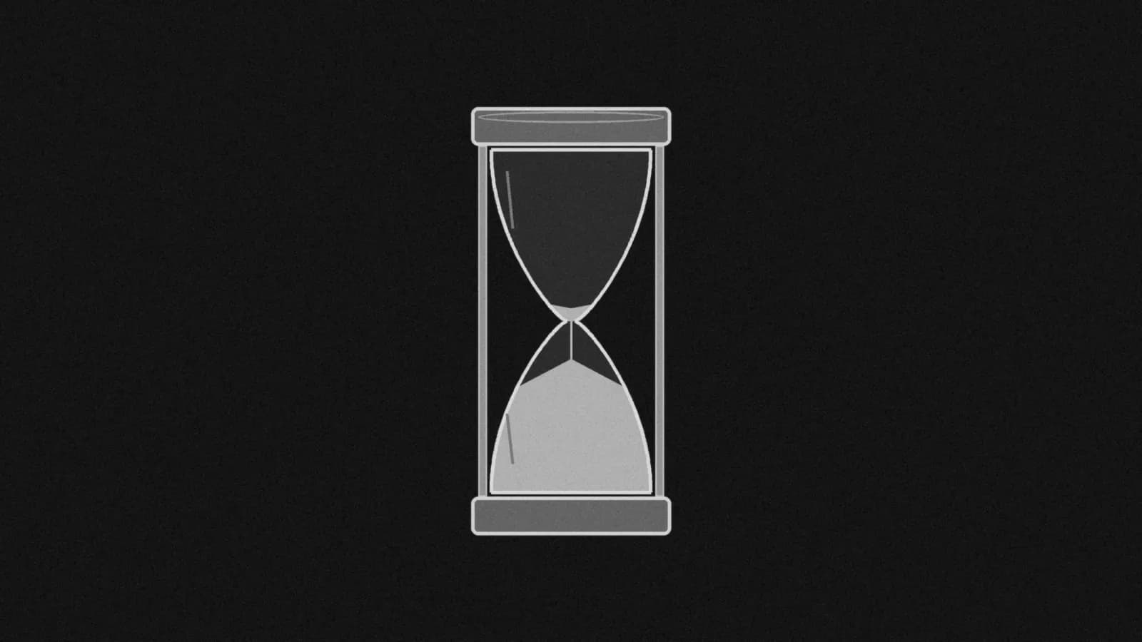 Illustration: an hourglass with nearly all of its sand in the bottom bulb and a thin stream still falling, in black and white.