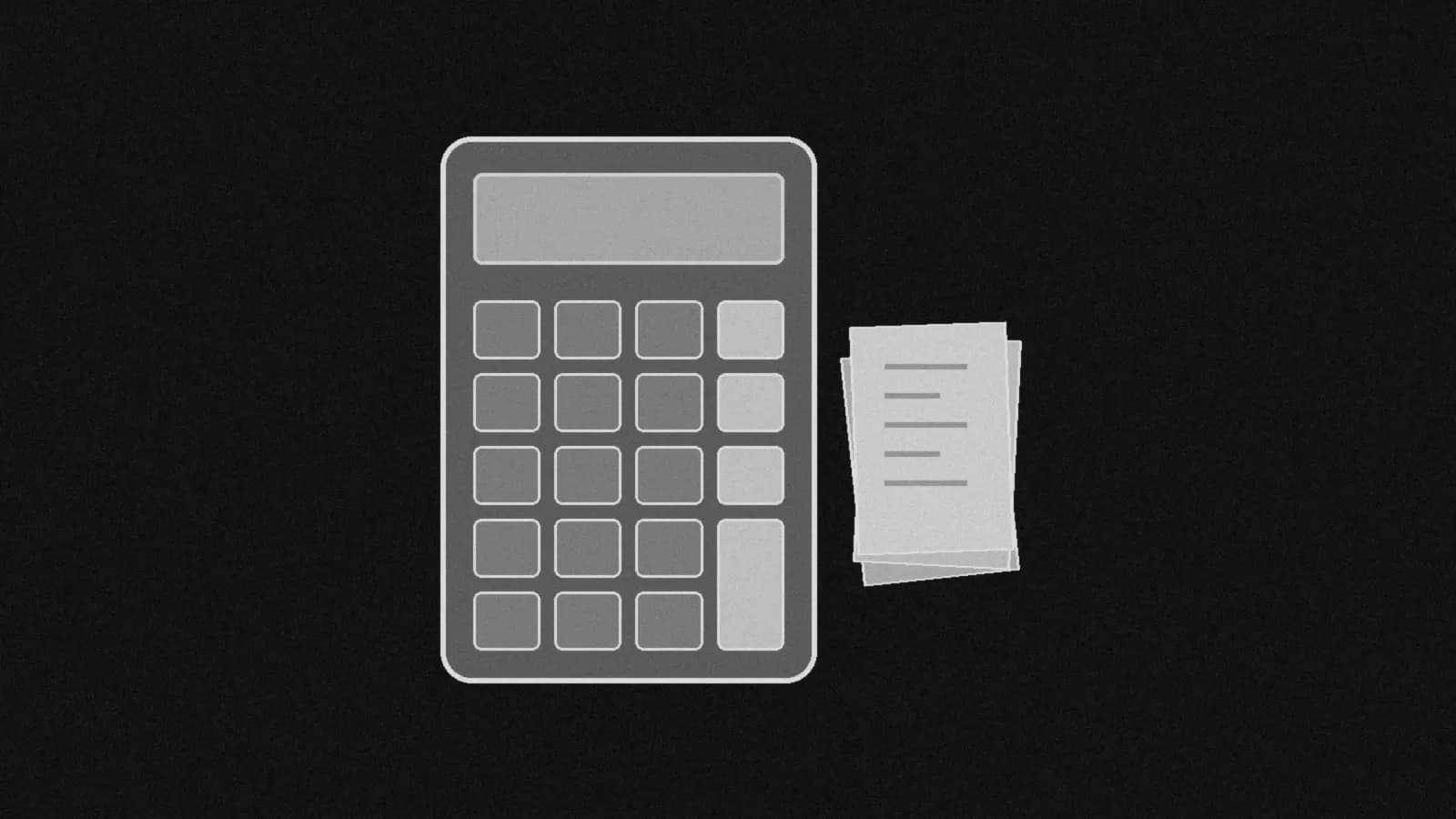 Illustration: a desk calculator with blank keys and a small stack of receipts beside it, in black and white.