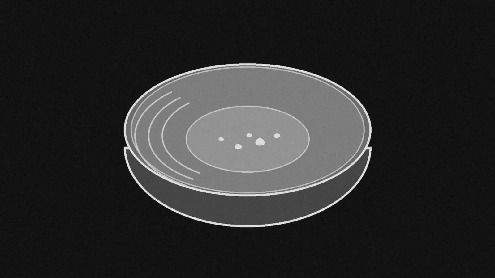 Illustration: a shallow gold pan seen from above with a few small nuggets in the flat center, in black and white.