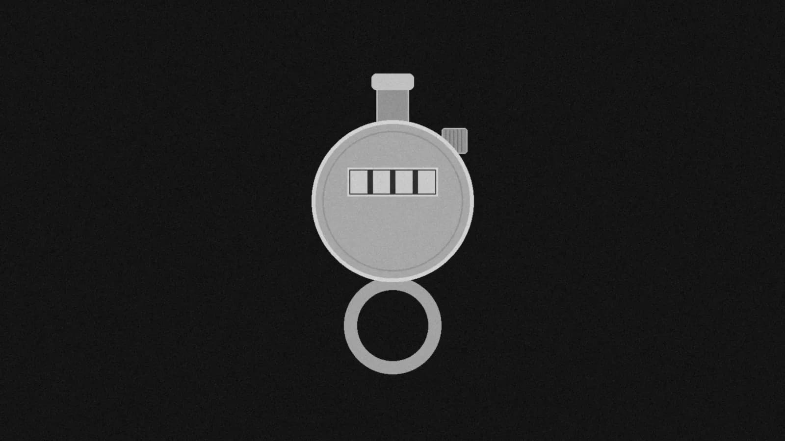 Illustration: a chrome hand tally counter with blank number wheels and a finger ring, straight-on on black.