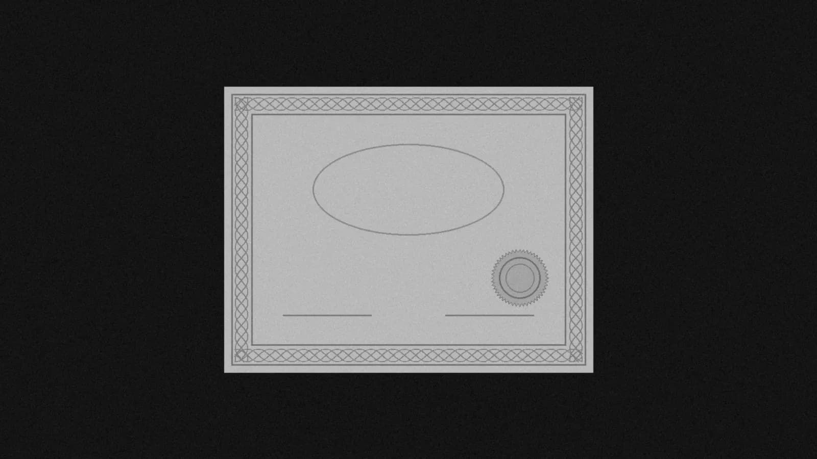 Illustration: a blank share certificate with an ornamental border, an empty oval and a round serrated seal, on black.