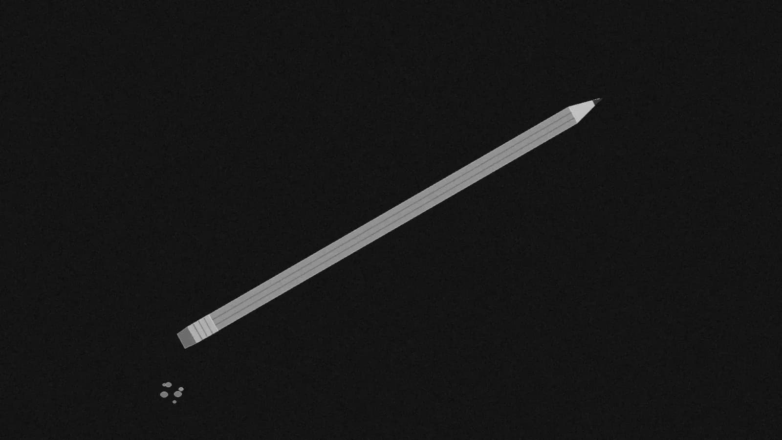 Illustration: a pencil lying on a diagonal with its eraser end at the lower left and a few eraser crumbs beside it, in black and white.
