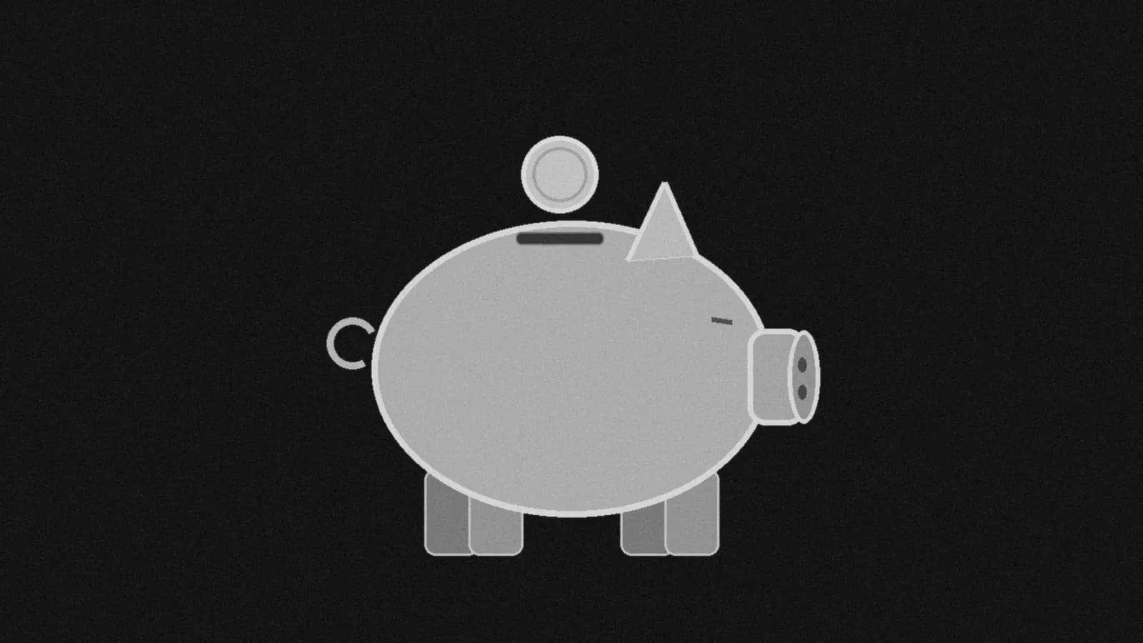 Illustration: a plain piggy bank in side profile with a single coin just above its slot, on black.