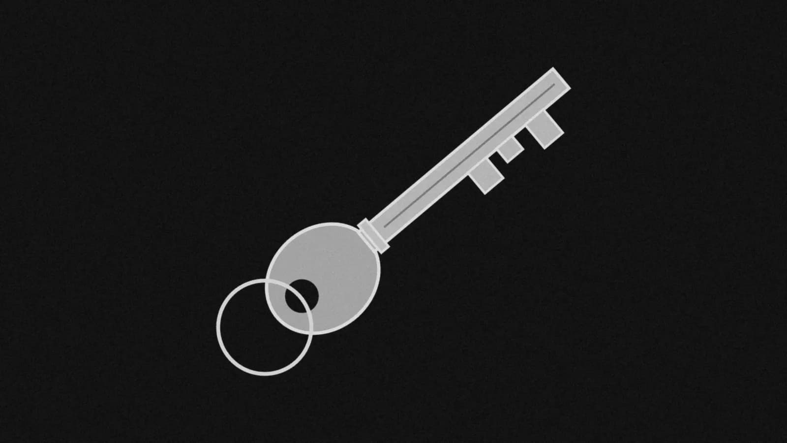Illustration: a plain metal key with a thin ring through its bow, drawn in grey on black.