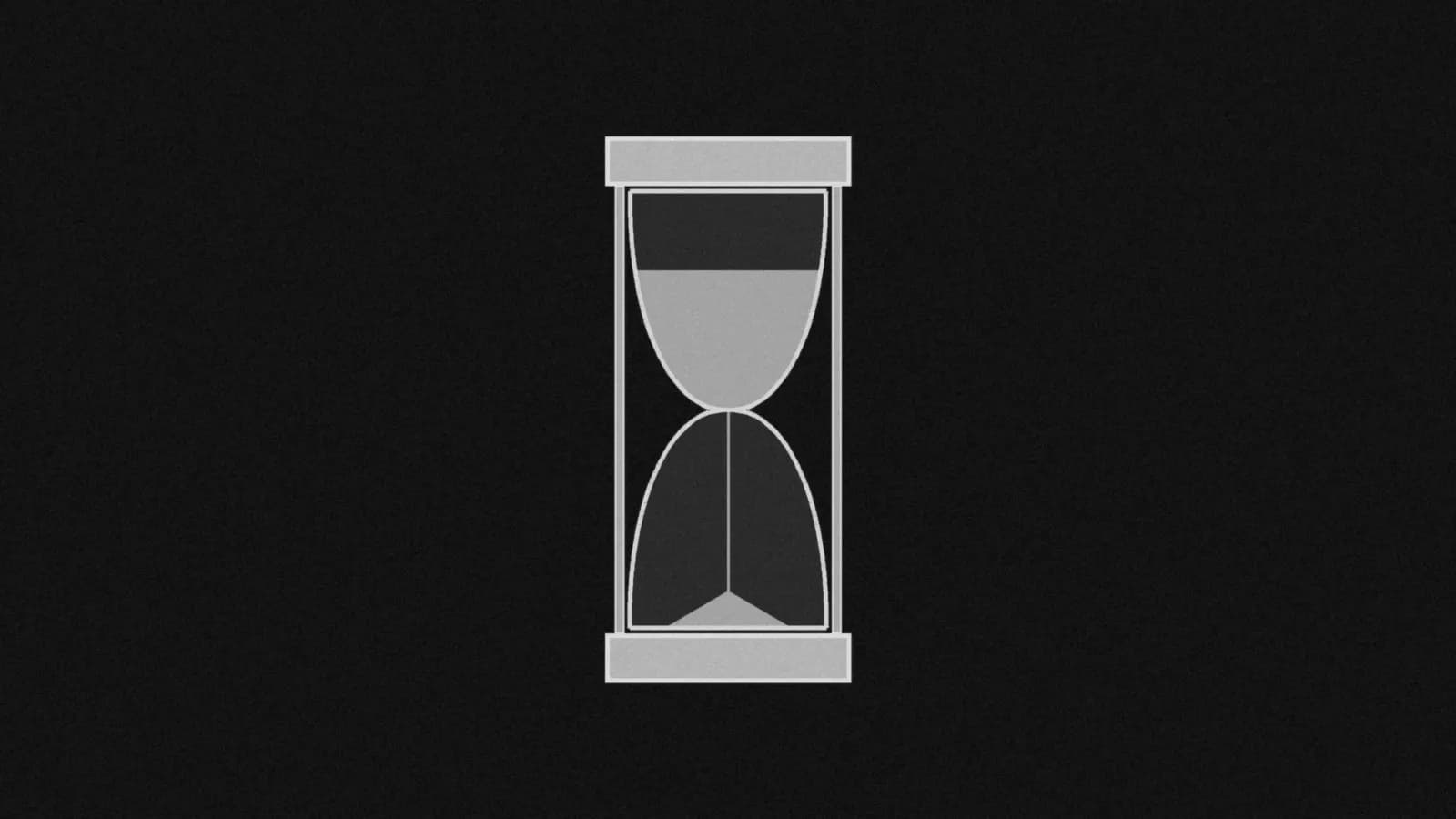 Illustration: an hourglass with rounded glass bulbs, most of the sand still in the top bulb and a thin stream falling, drawn in grey on black.
