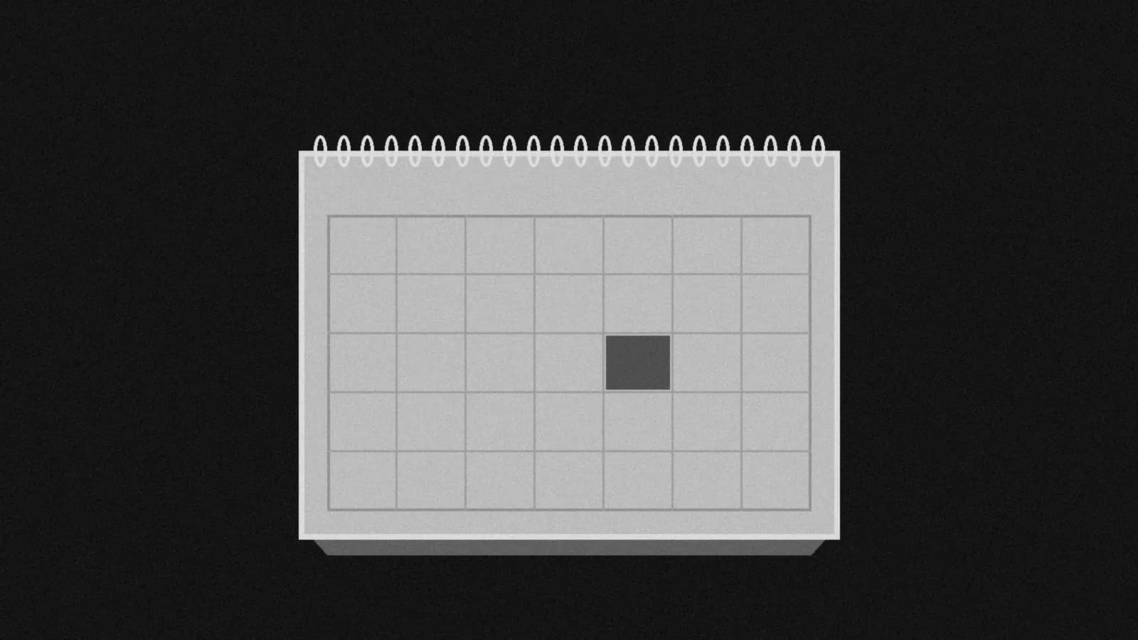 Illustration: a blank wire-bound desk calendar seen straight on, with one day's square shaded dark, on black.
