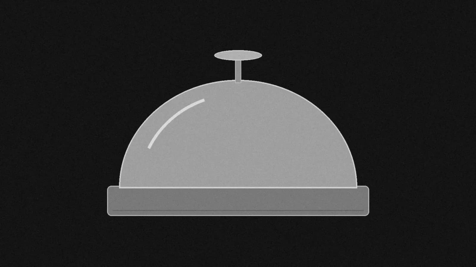 Illustration: a countertop service bell with a shallow dome and a short push button, straight-on, on black.