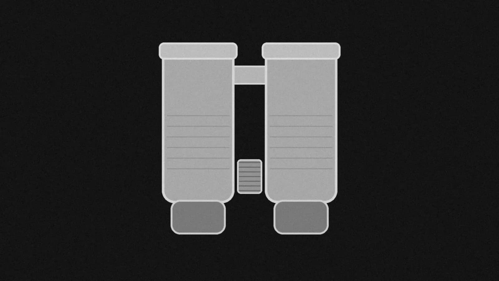 Illustration: a pair of binoculars seen from straight above, two parallel barrels joined by a hinge, on black.