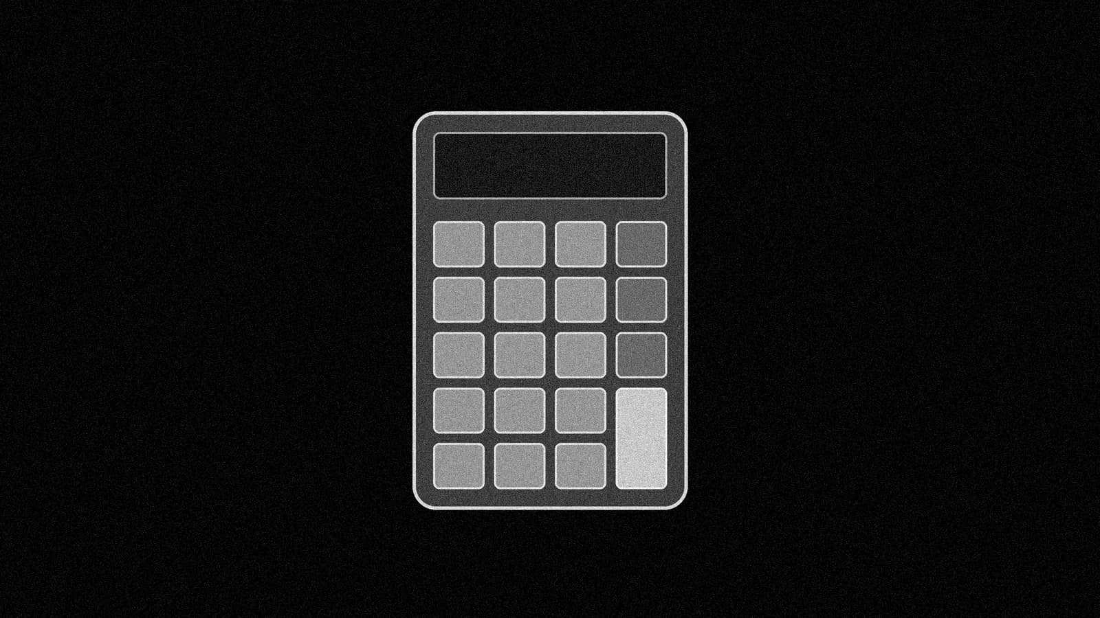 Illustration: a plain desk calculator seen straight-on with a blank display and blank keys, black and white with grain