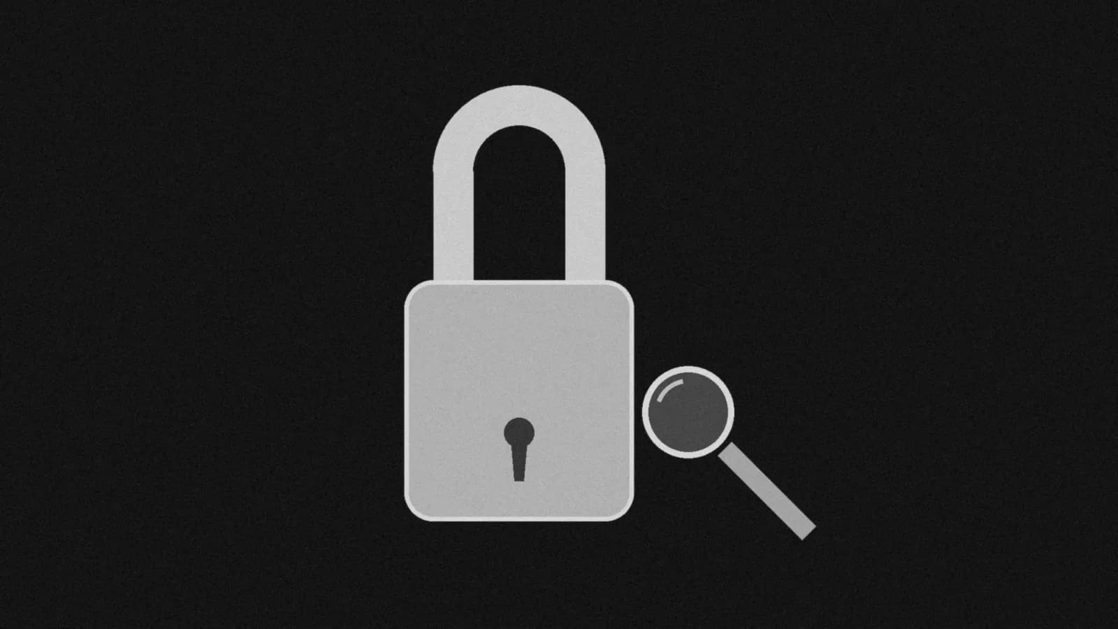 Illustration: a closed padlock seen straight on, with a small round magnifying glass beside it, on black.